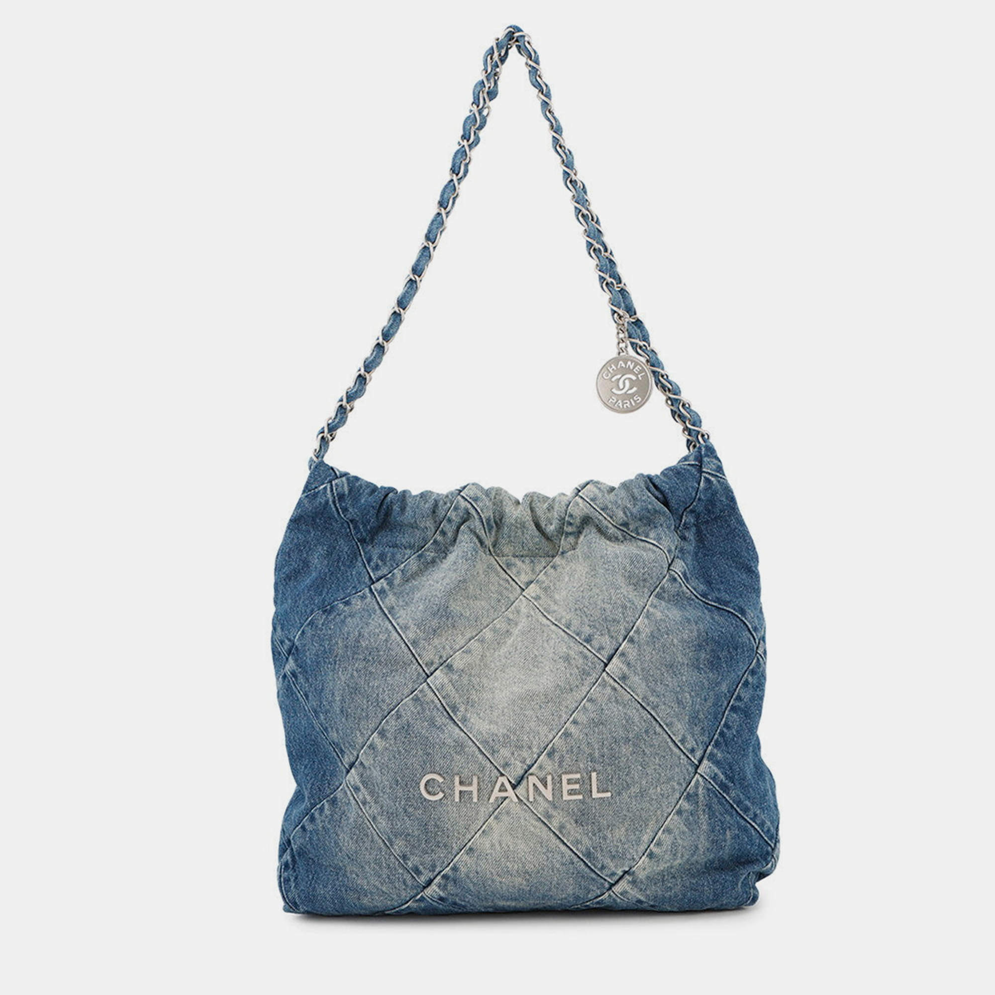 Pre Owned Chanel Chanel 22 Shoulder Bag Blue Denim Size Small