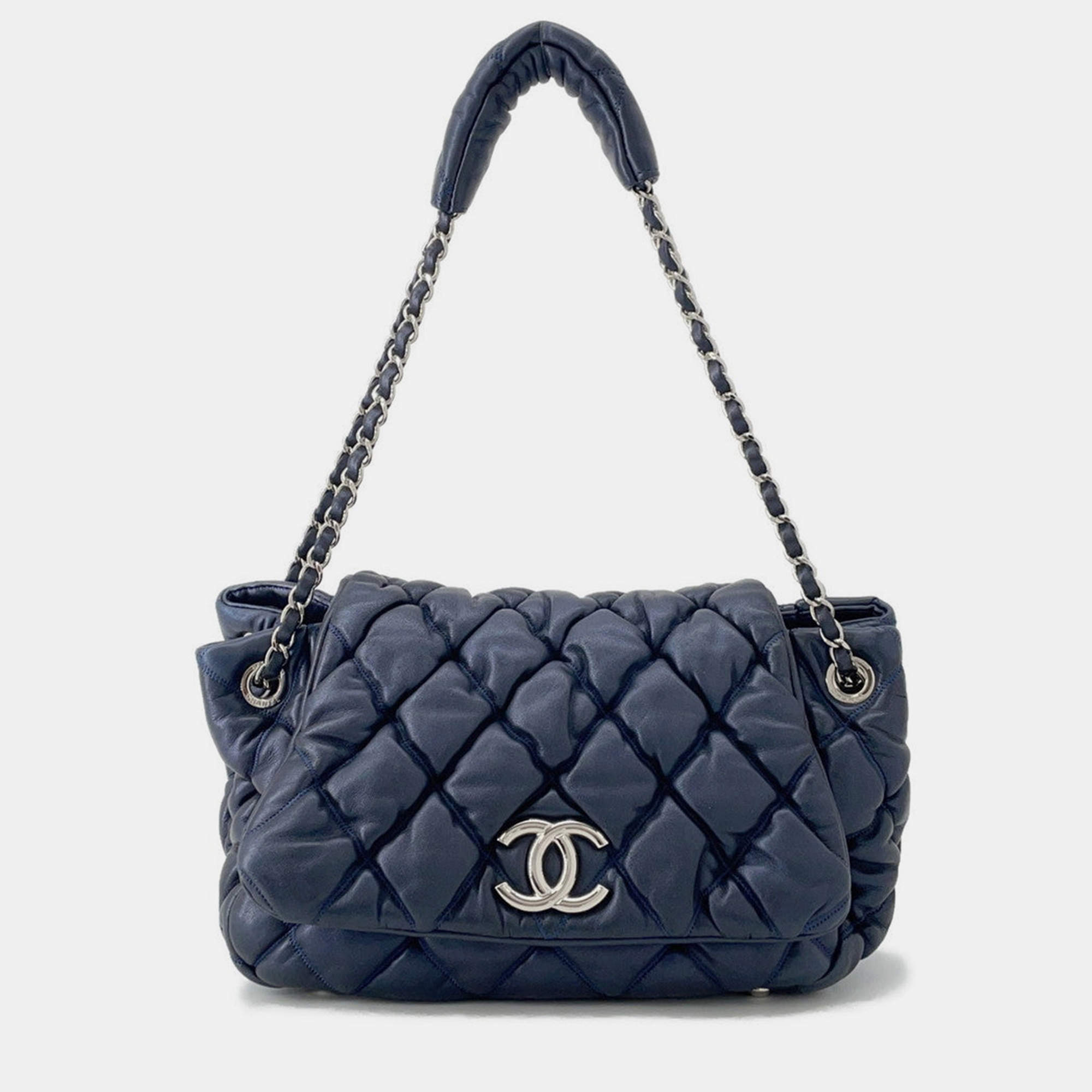 Pre Owned Chanel Bubble Quilt Chain shoulder Bag Navy Lambskin