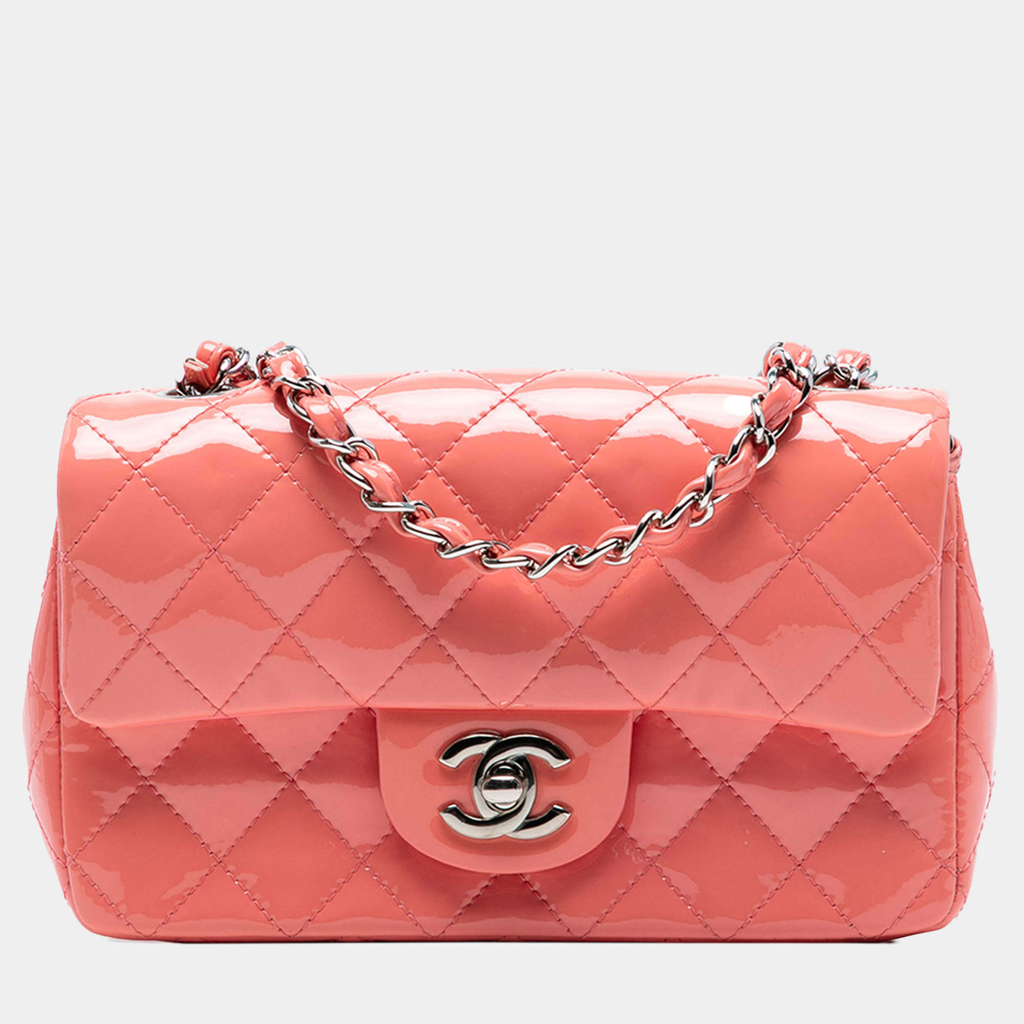 Pre Owned Chanel Pink Mini Rectangular Classic Patent Single Flap