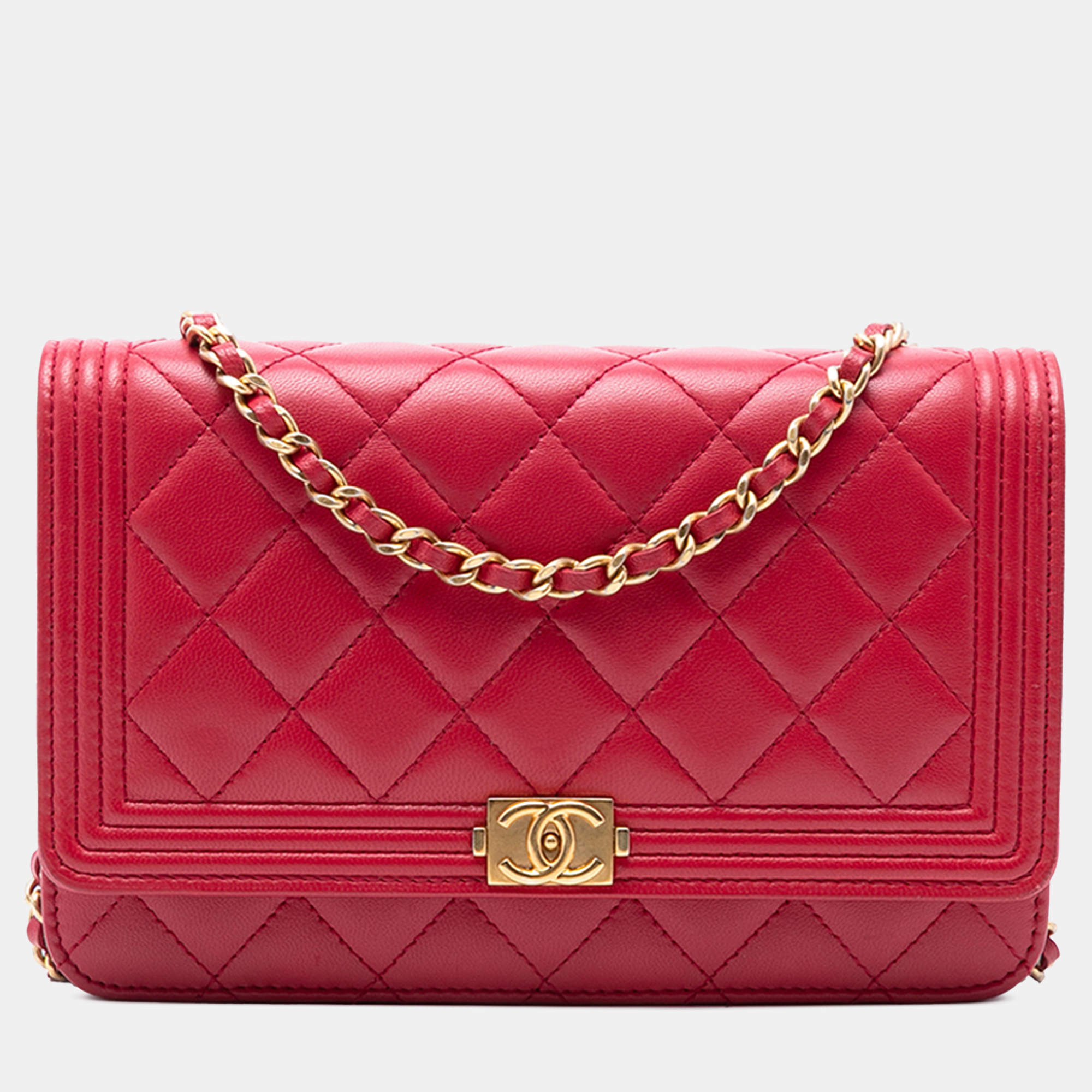 Pre Owned محفظة بسلسلة شانيل بوي جلد خروف مبطن أحمر