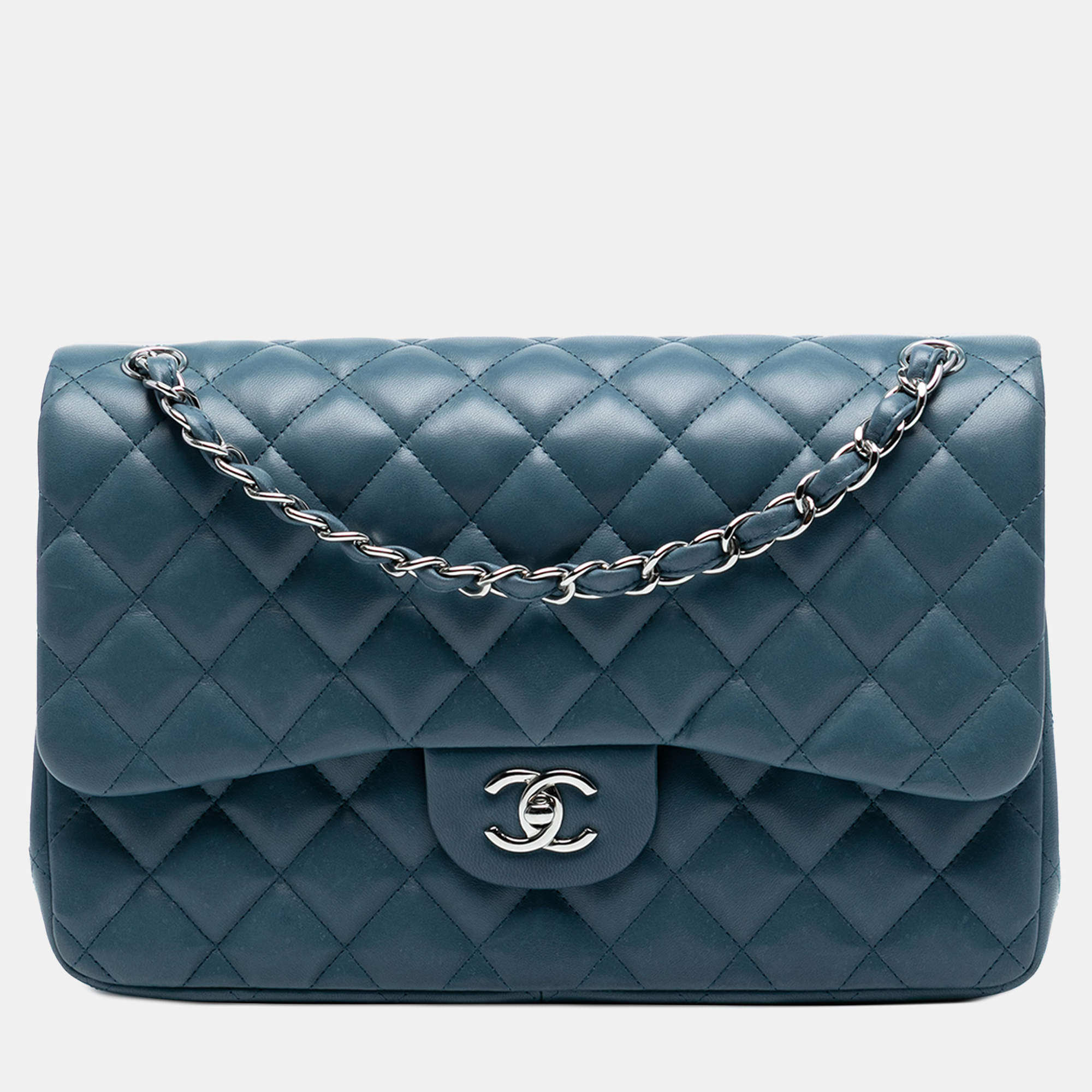 Pre Owned Chanel Blue Jumbo Classic Lambskin Double Flap