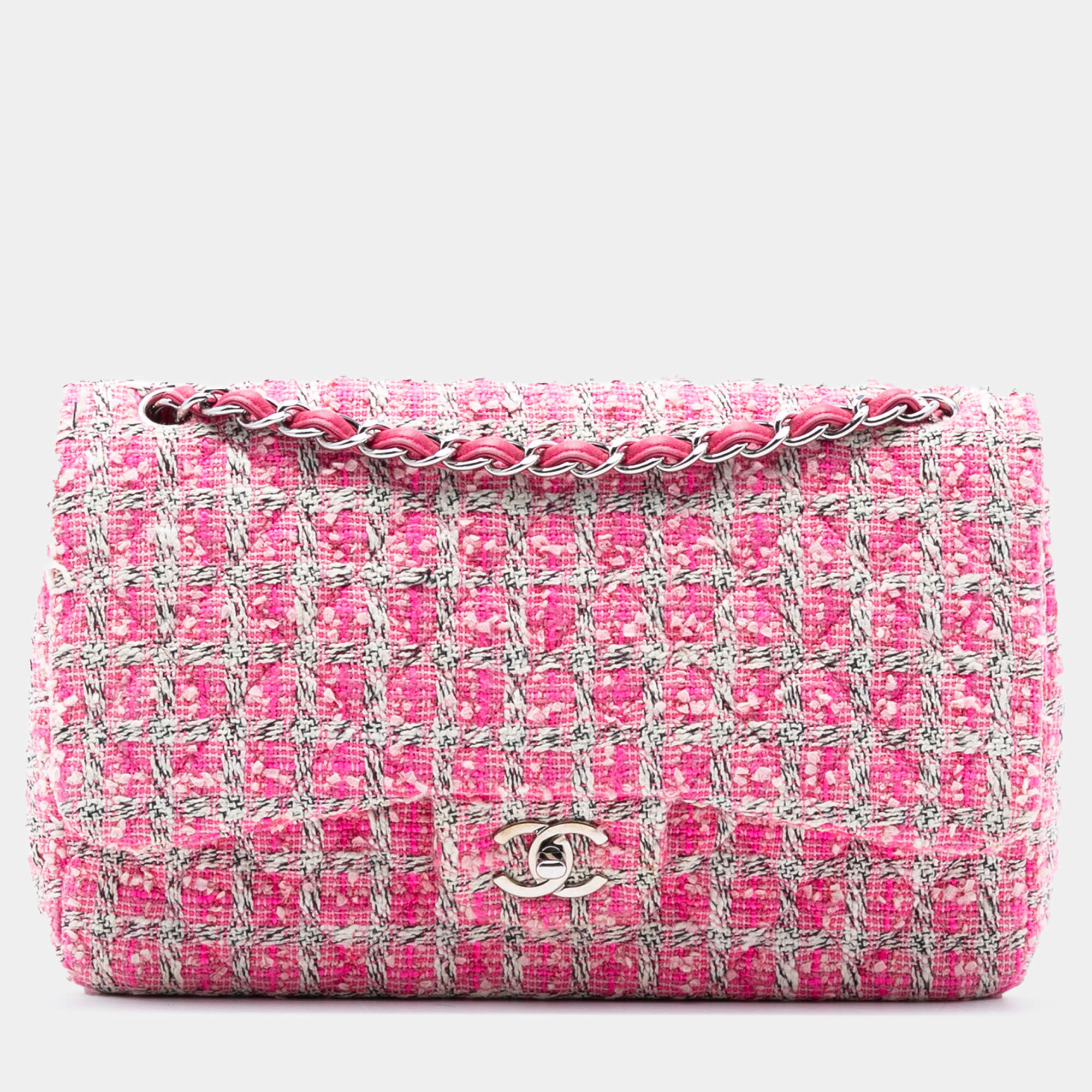 Pre Owned Chanel Pink Jumbo Classic Tweed Double Flap