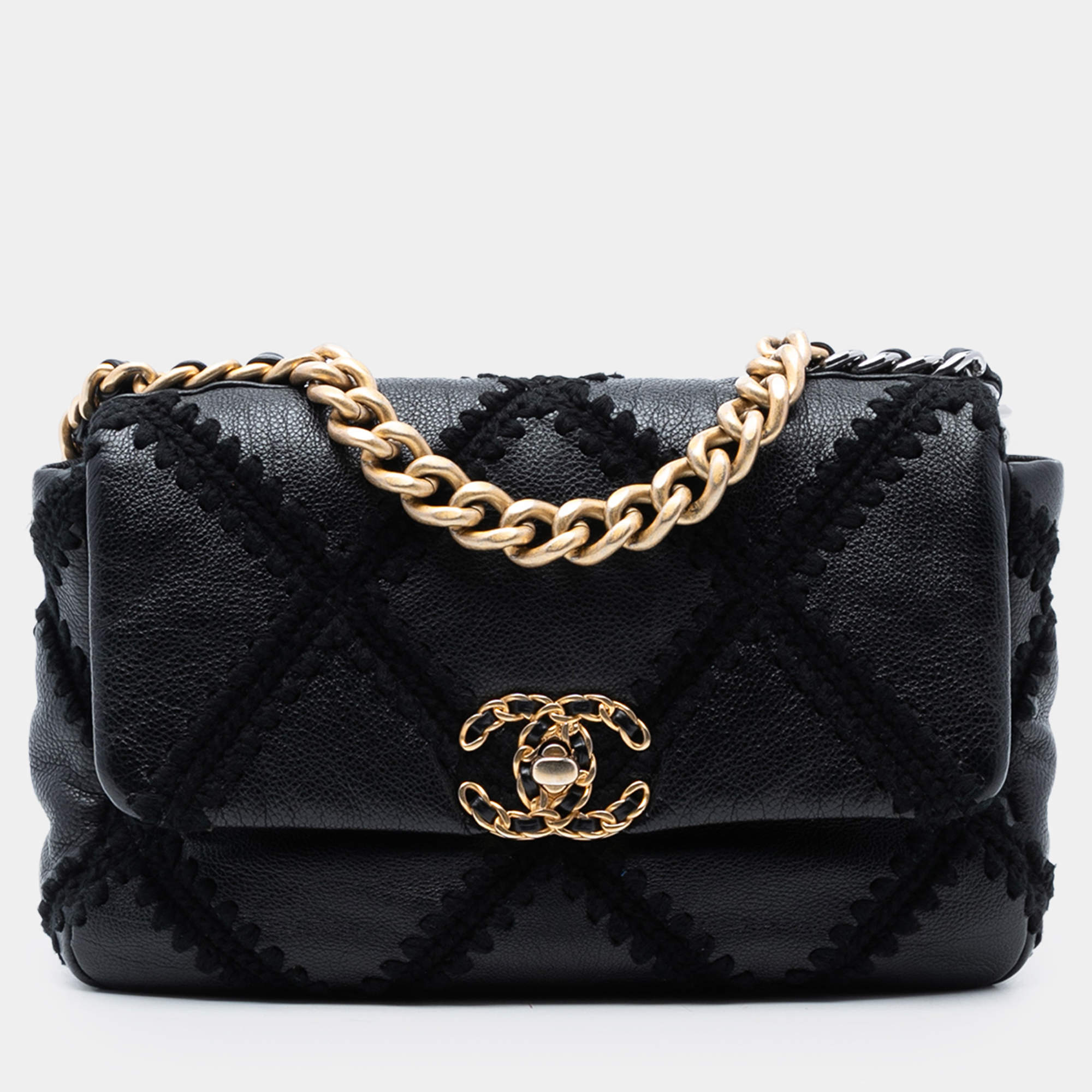 Pre Owned Chanel Black Medium Crochet Calfskin 19 Flap