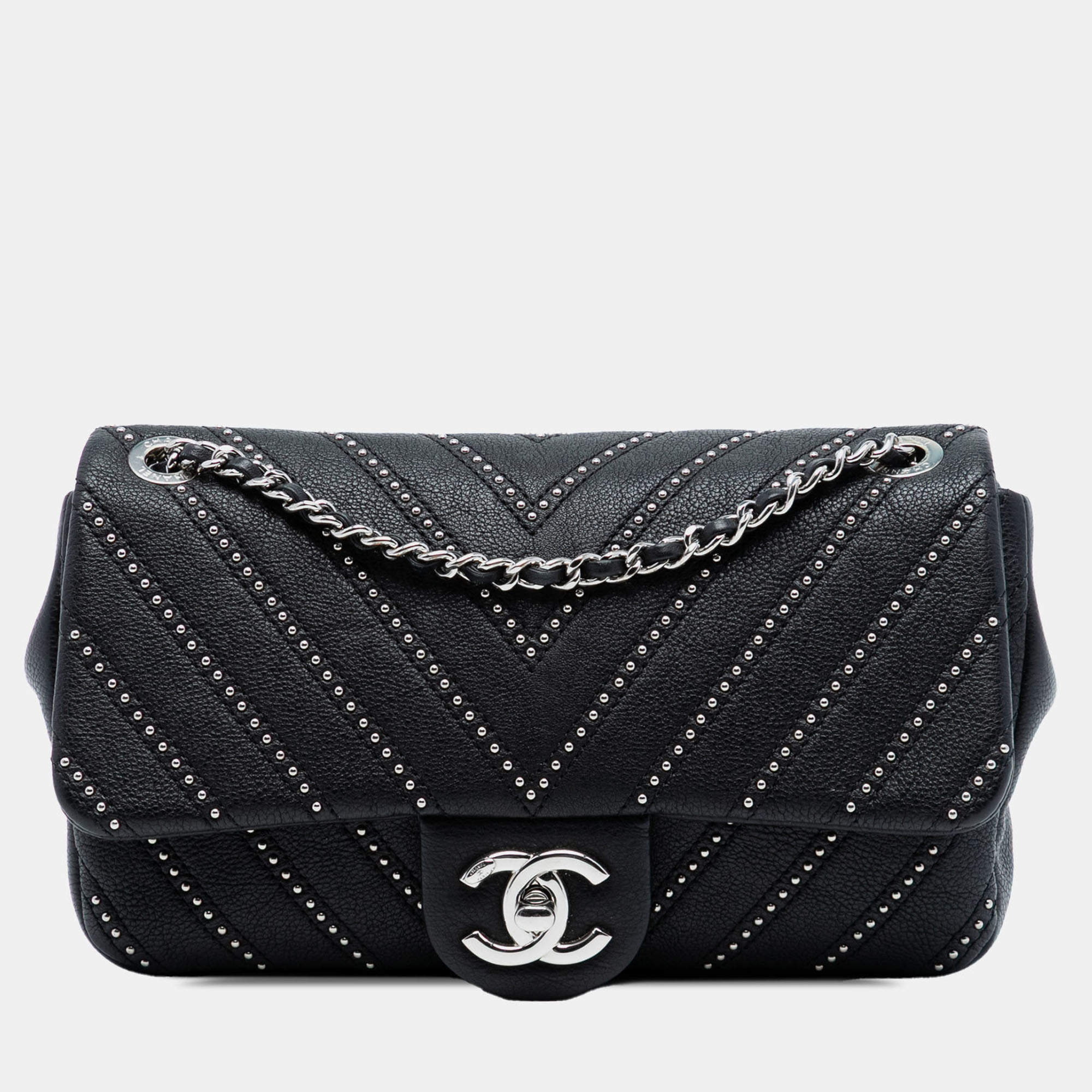Pre Owned Chanel Black Small Chevron Calfskin Stud Wars Flap
