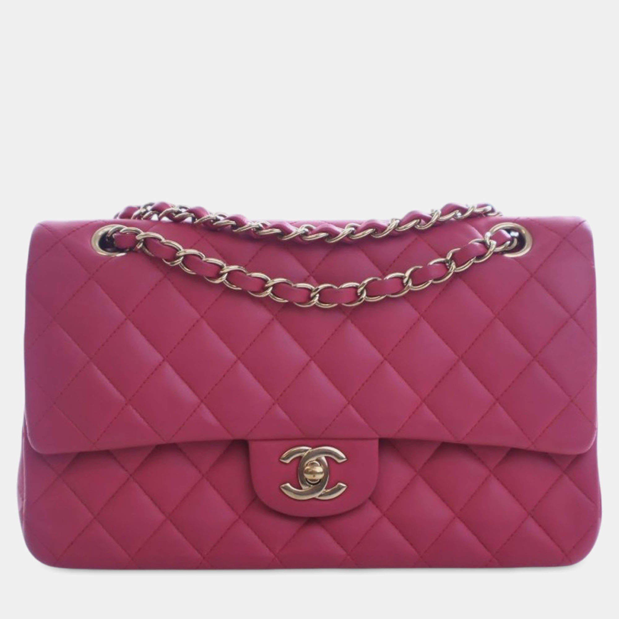 Pre Owned Chanel Pink Medium Classic Lambskin Double Flap