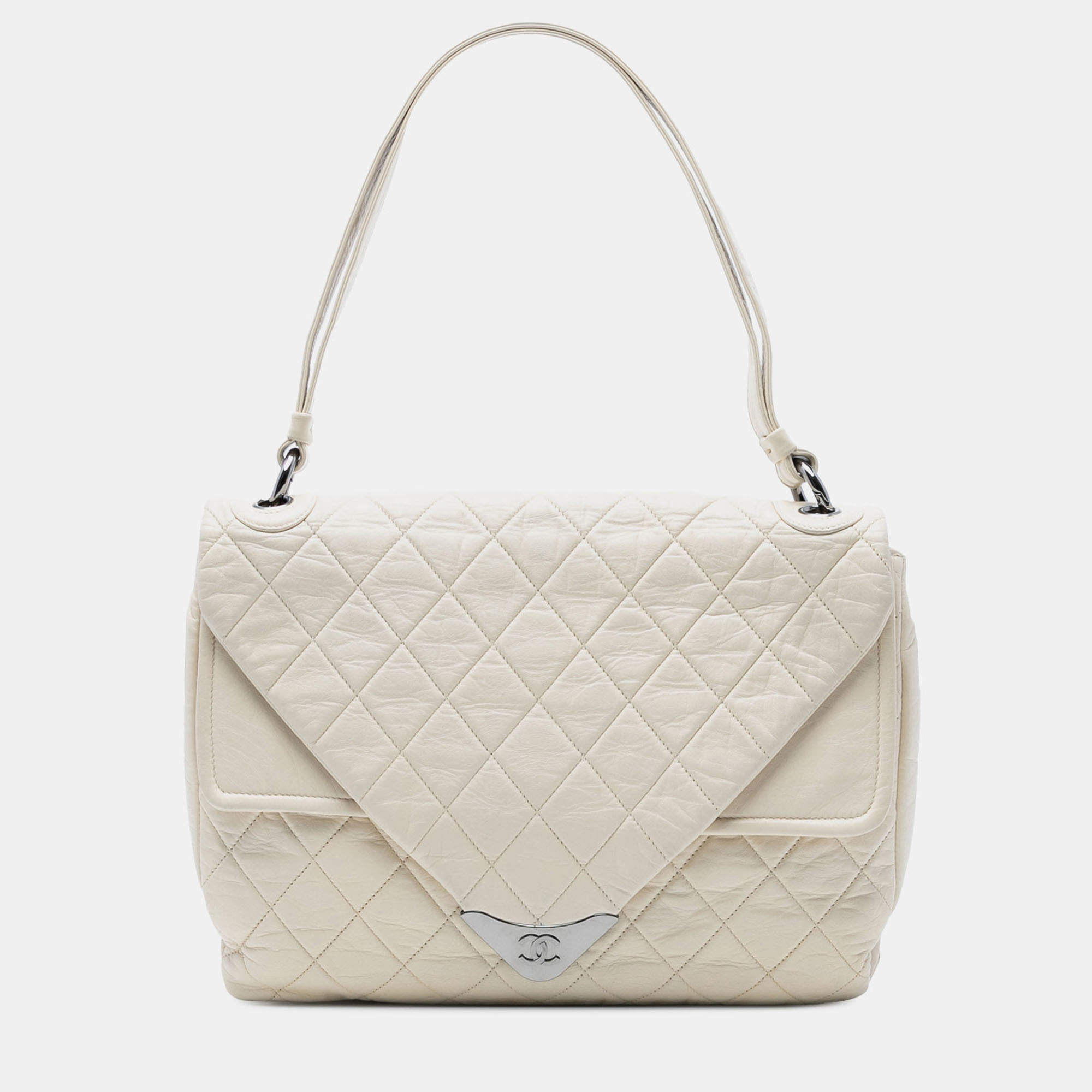 Pre Owned Chanel White CC Quilted Lambskin Padded Envelope Double Flap
