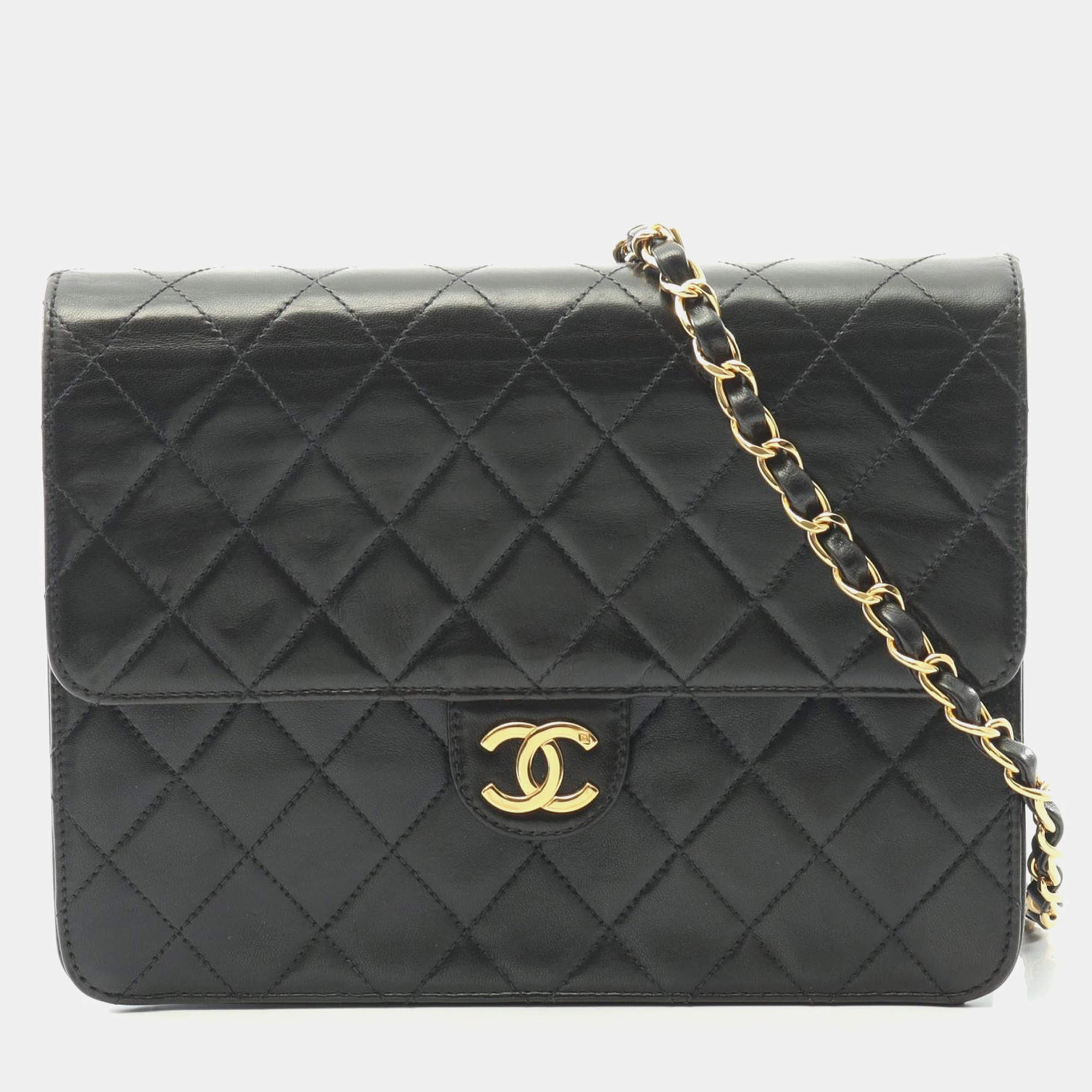 Pre Owned Chanel Square Flap Black Leather Shoulder Bag