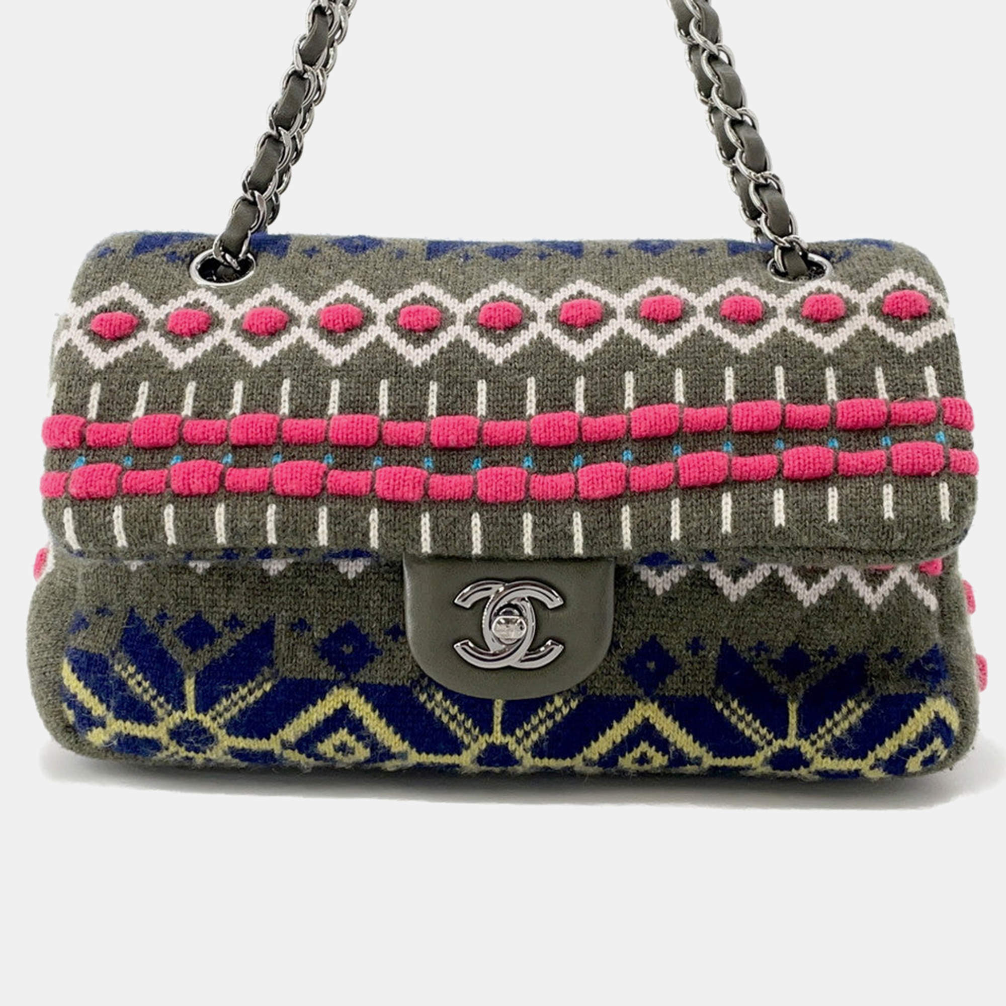 مملوكة مسبقًا Chanel Cc Logo Knit Shoulder Bag Khaki/Multicolor Knit Size 25