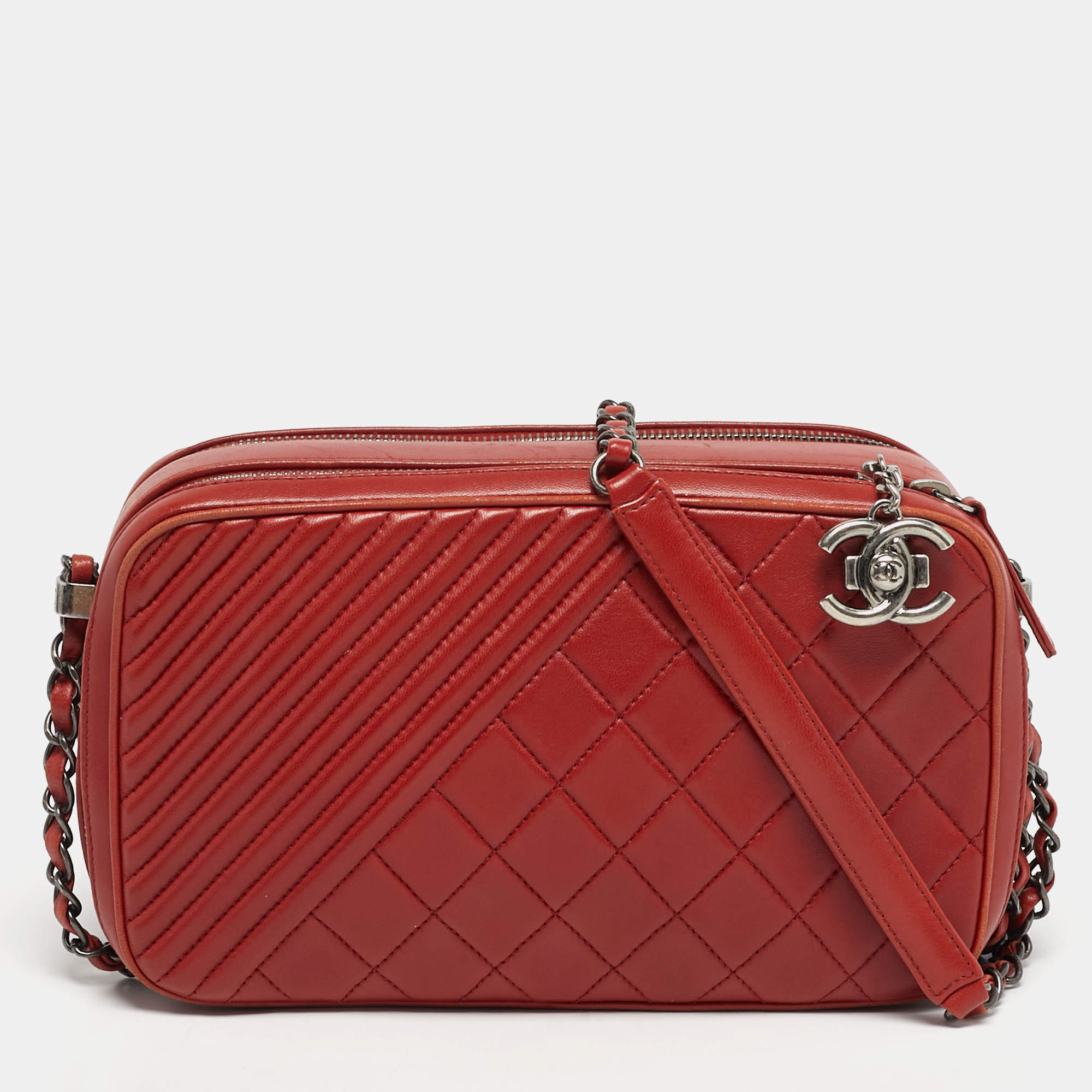 Pre Owned Chanel Coco Boy Medium Red Quilted Leather Camera Bag