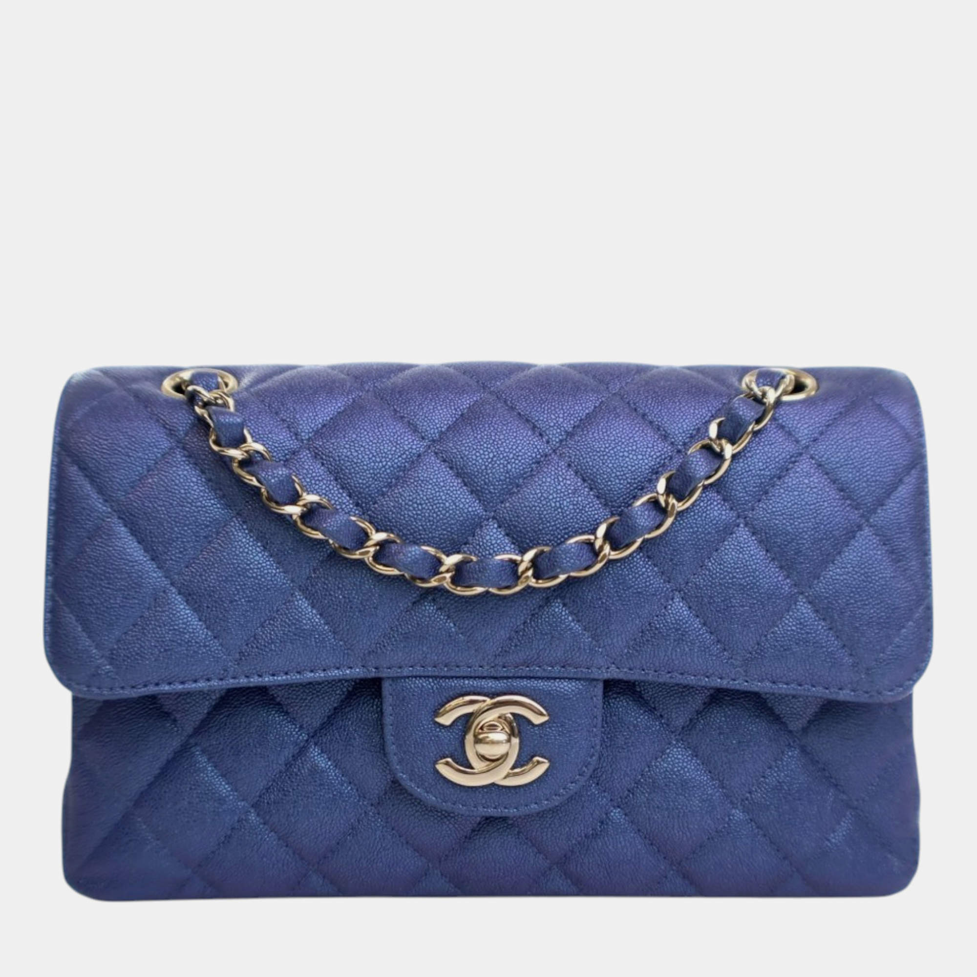Pre Owned Chanel Blue Small Classic Iridescent Caviar Double Flap