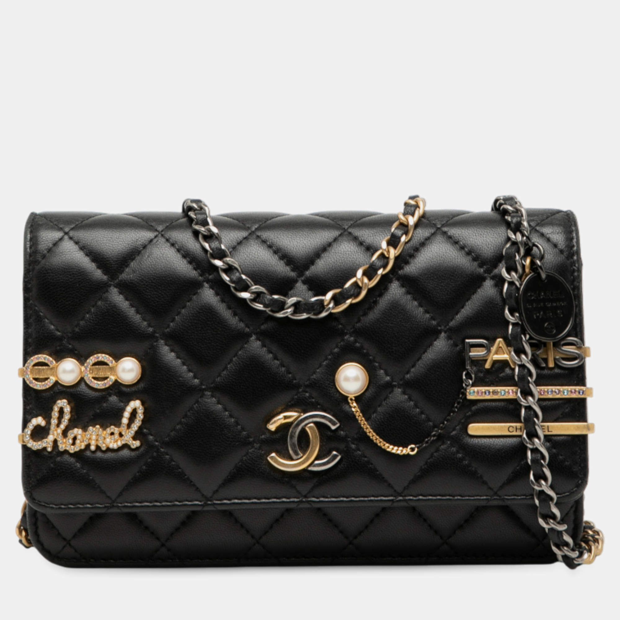 Pre Owned محفظة شانيل مشابك كوكو بسلسلة جلد حمل مبطن شارة CC سوداء