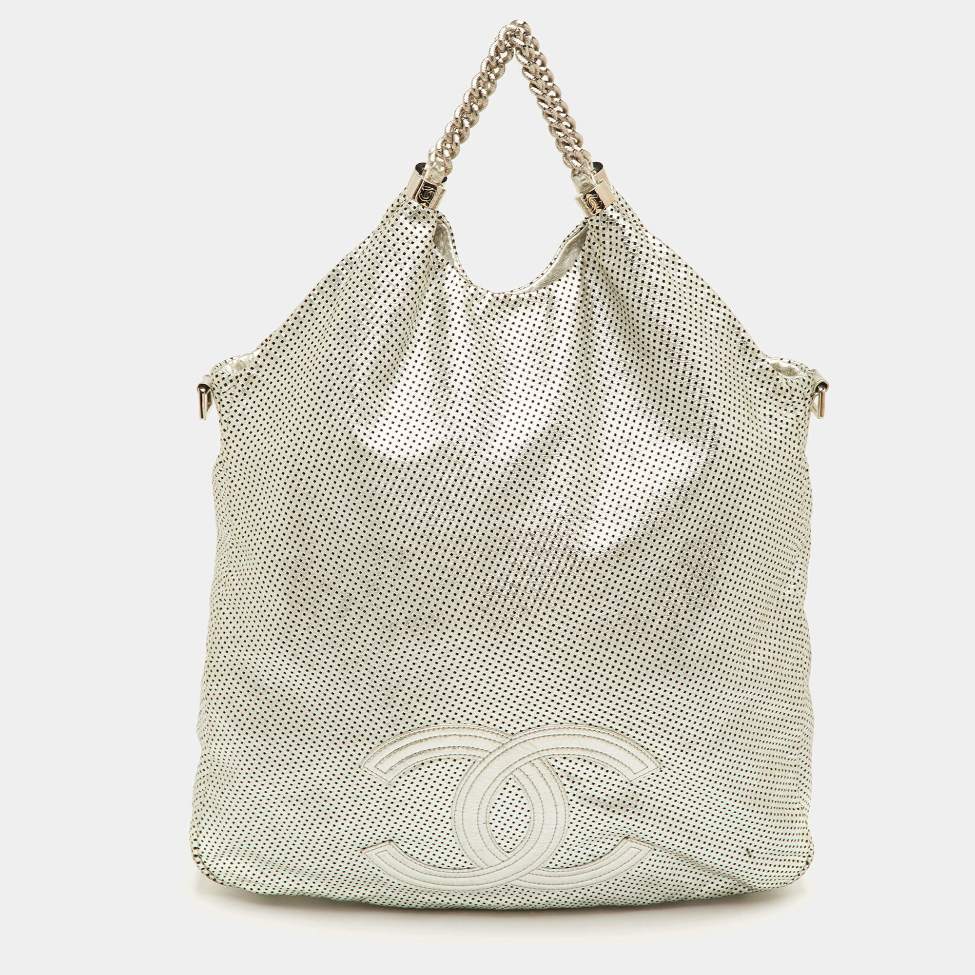Pre Owned Chanel Rodeo Drive XL Metallic Silver Perforated Leather Bag