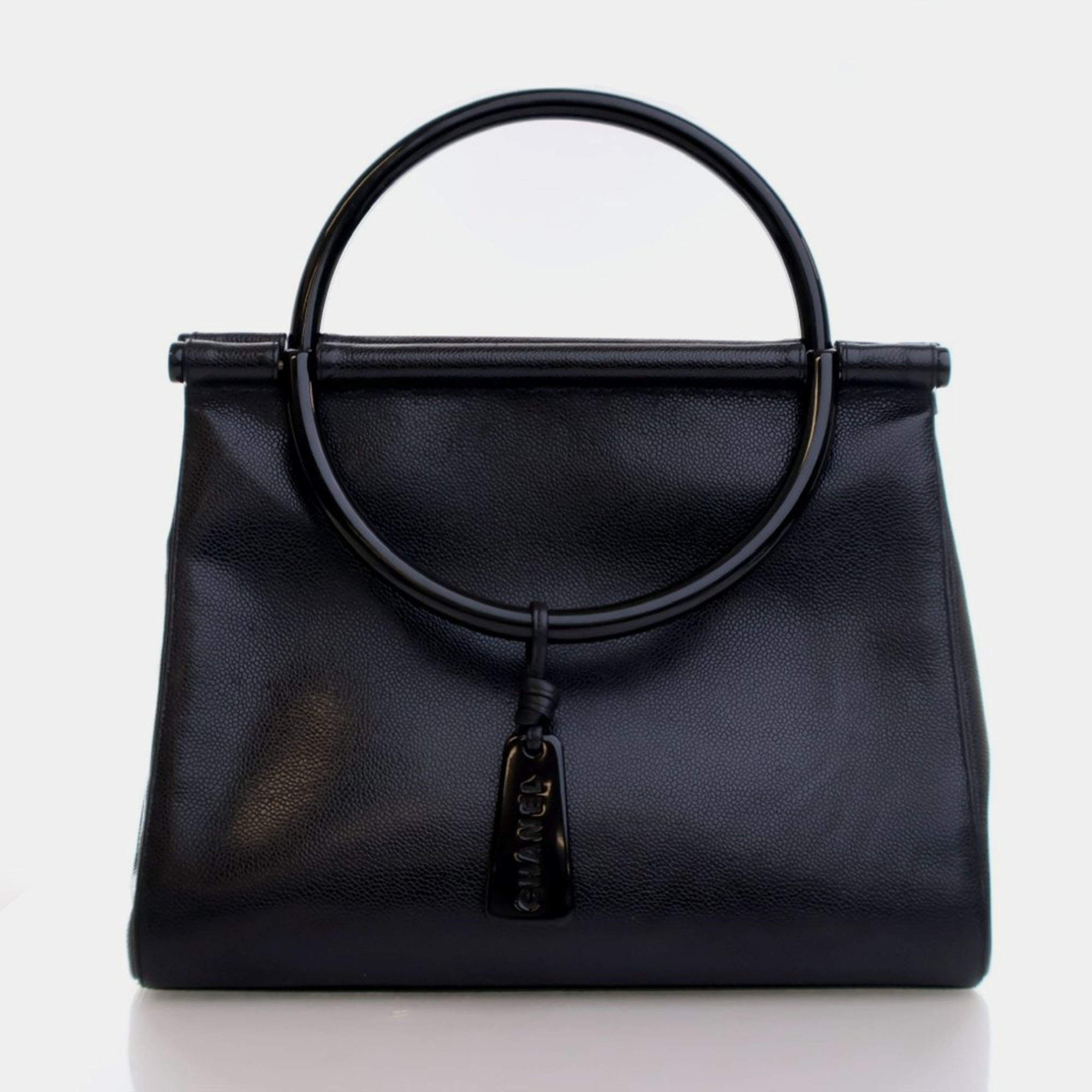 Pre Owned Chanel Vintage Medium Black Caviar Resin Top Handle Bag