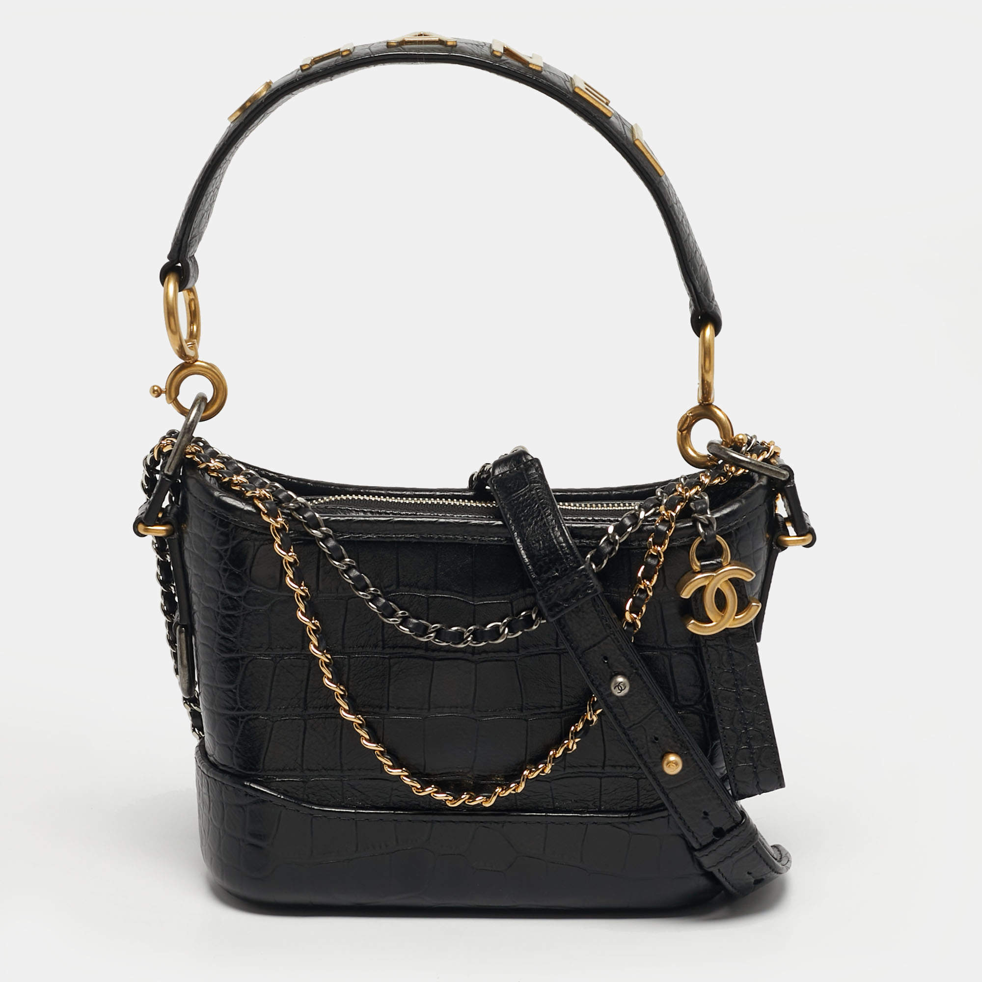 مملوكة مسبقًا Chanel Gabrielle Small Black Croc Embossed Leather Bucket Bag