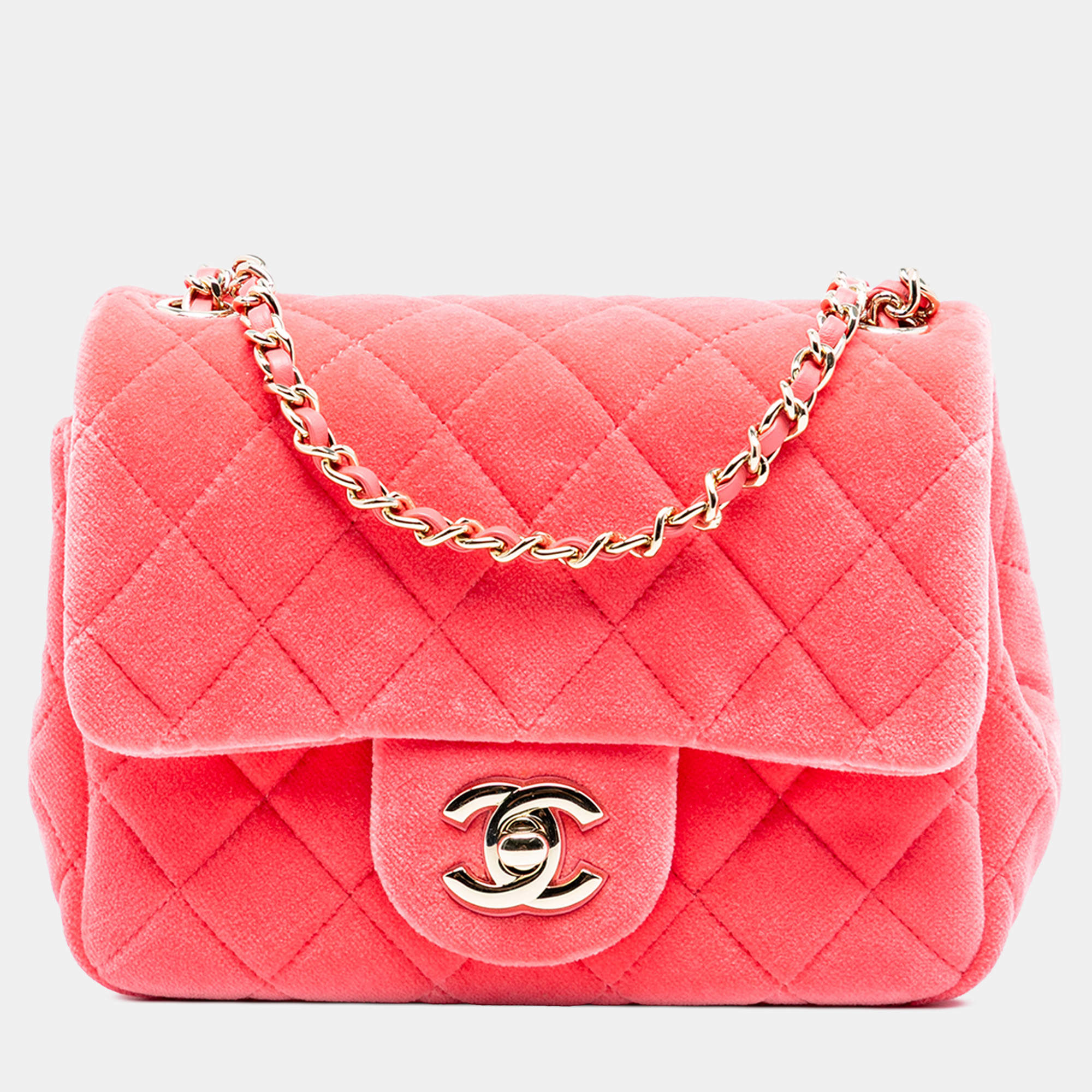 Pre Owned Chanel Pink Mini Square Classic Velvet Pearl Crush Single Flap