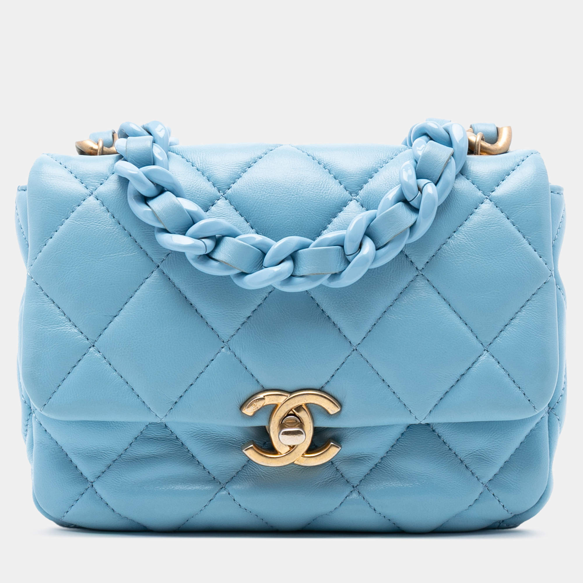 Pre Owned Chanel Blue Mini Quilted Lambskin Lacquered Chain Flap