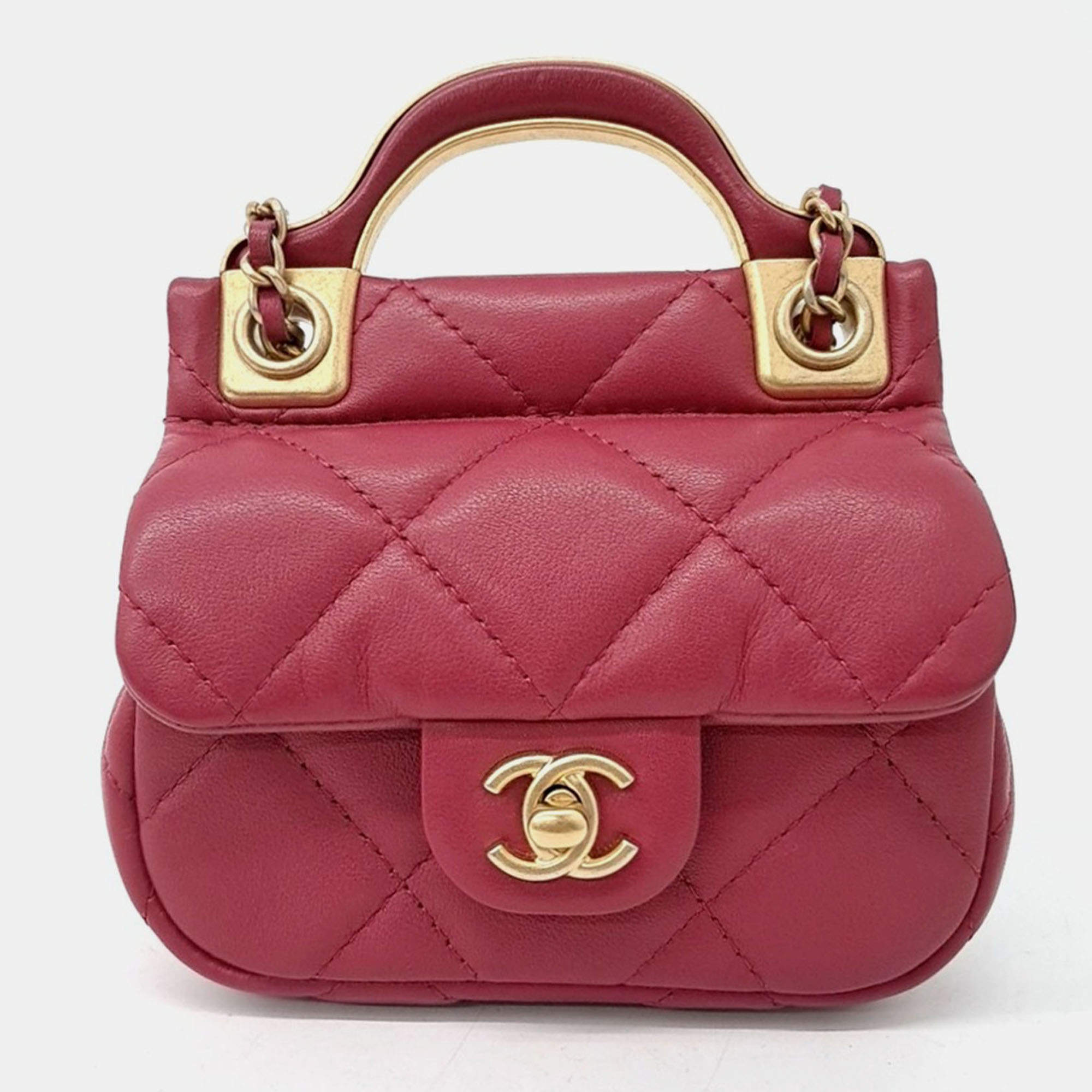 Pre Owned Chanel Red Leather Chain Flap Card Holder