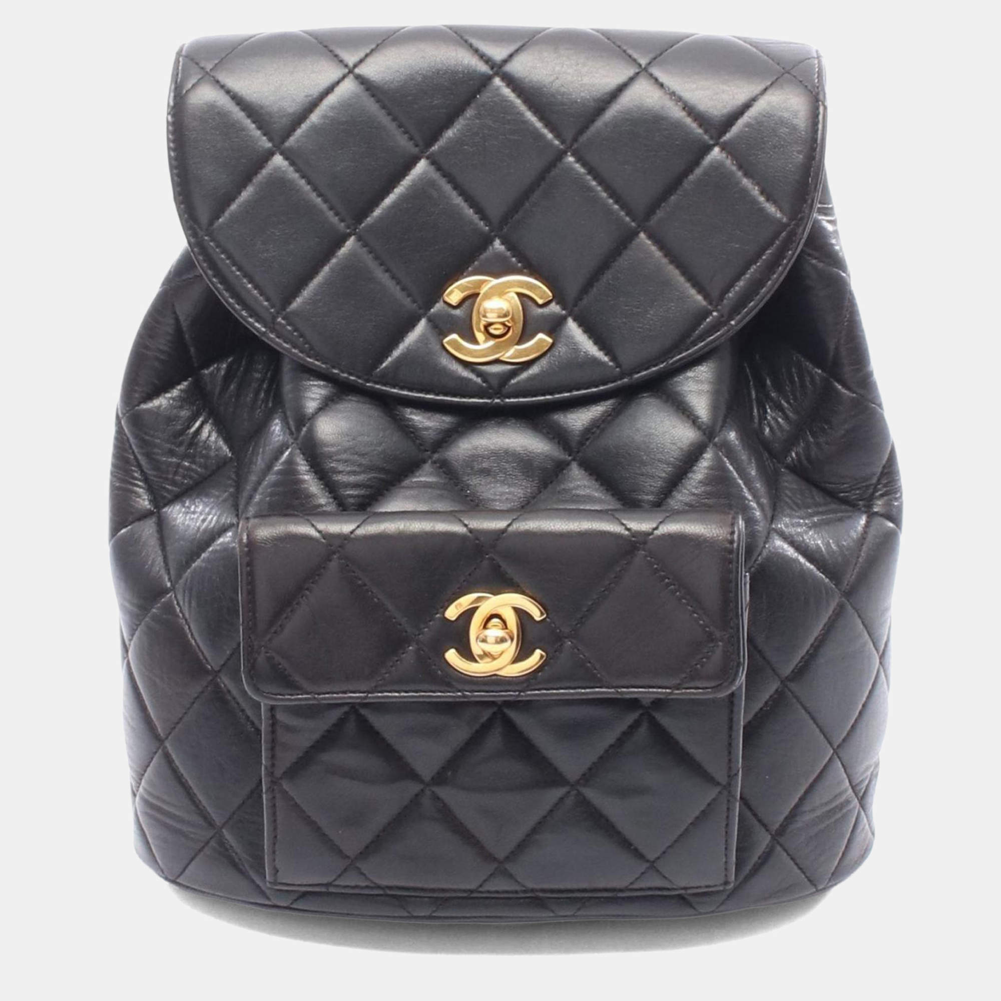 Pre Owned Chanel Matelasse Backpack Bag In Lambskin Leather Black