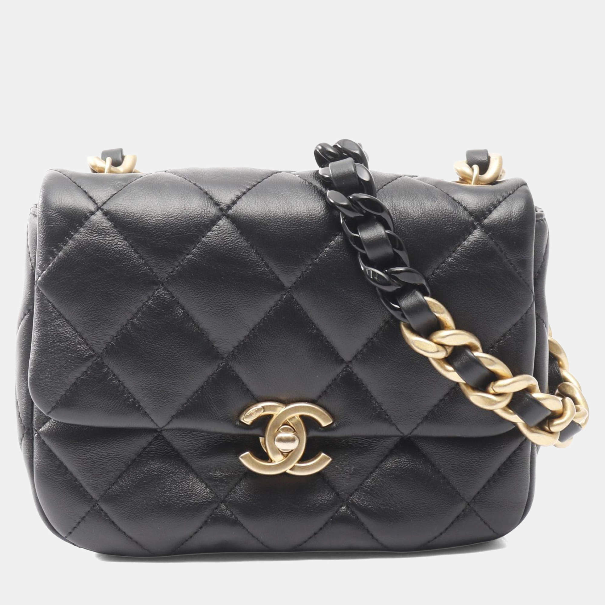 Pre Owned Chanel Mini Matelasse Shoulder Bag Lambskin Leather Black