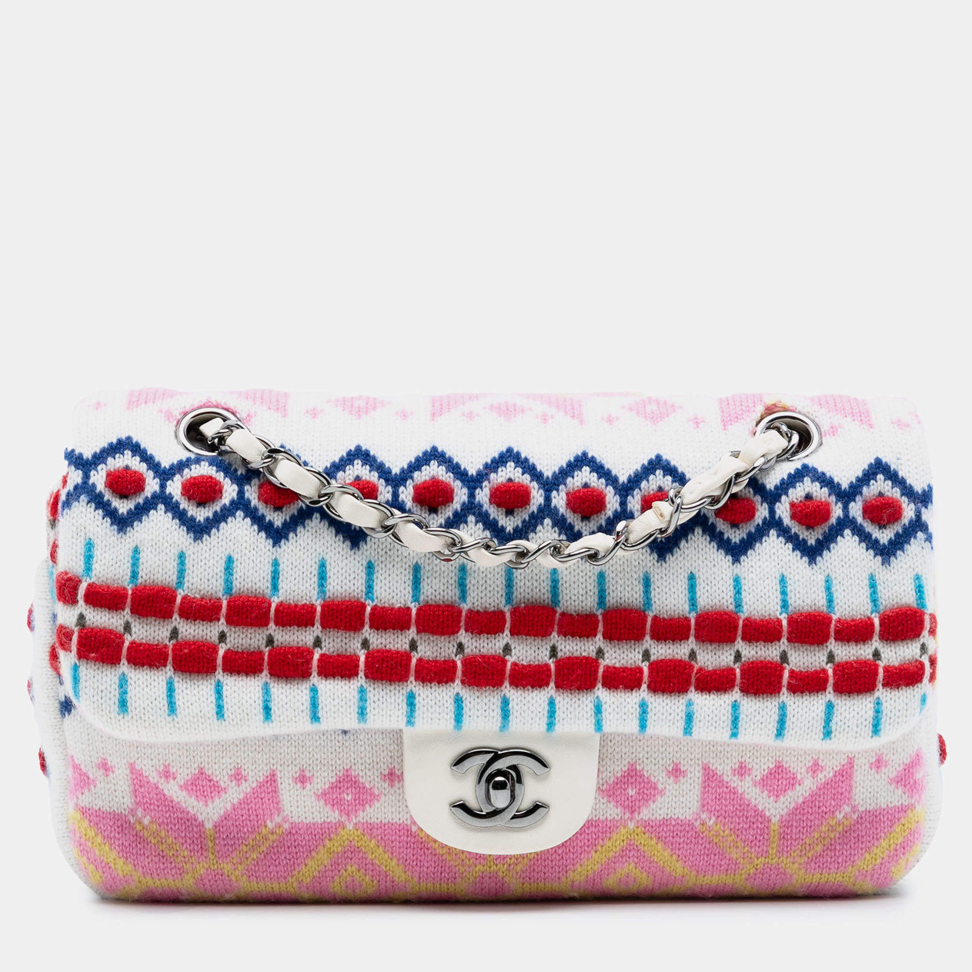 Pre Owned Chanel White Medium Classic Multicolor Cashmere Knit Single Flap