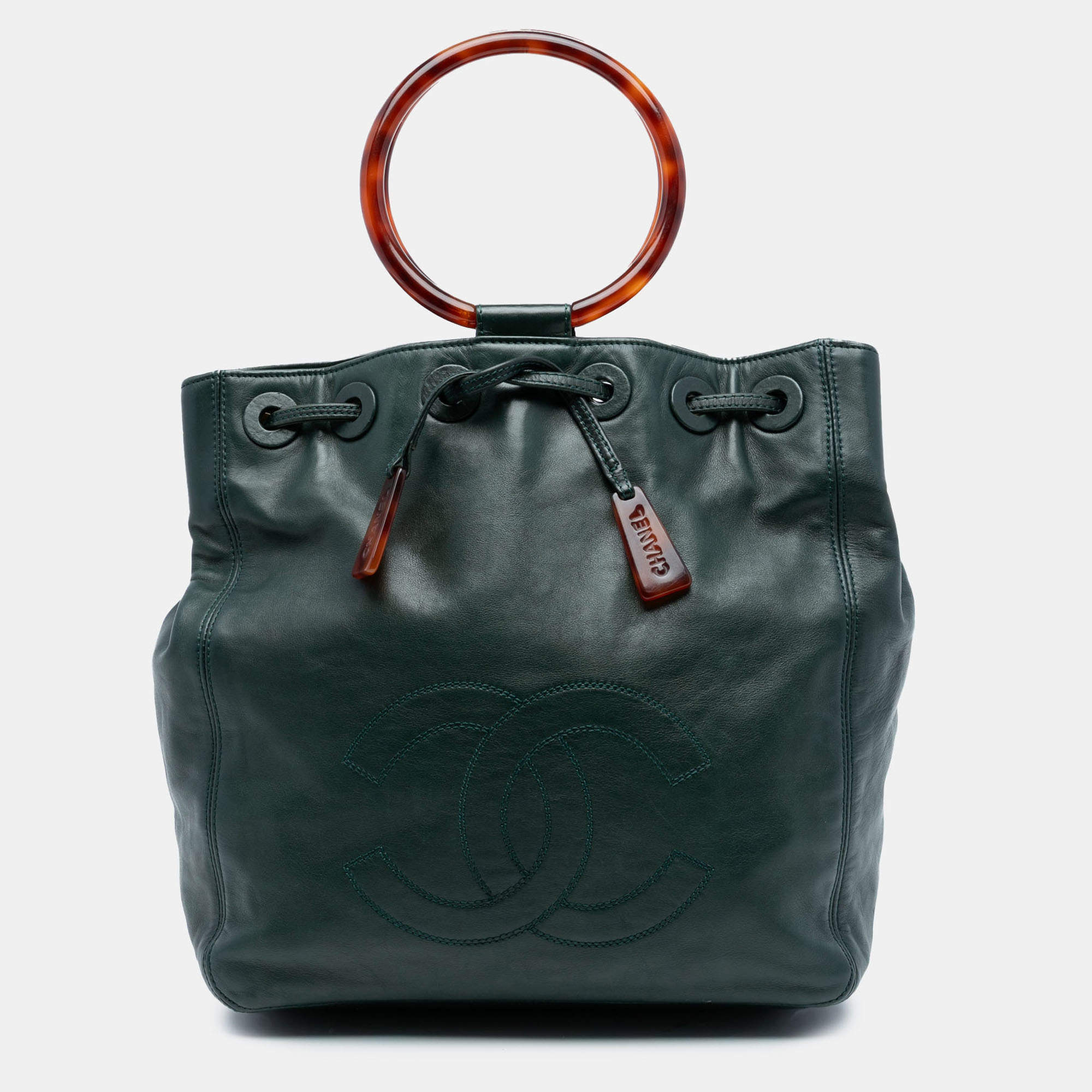 مملوكة مسبقًا Chanel Green CC Lambskin Tortoise Ring Drawstring Tote