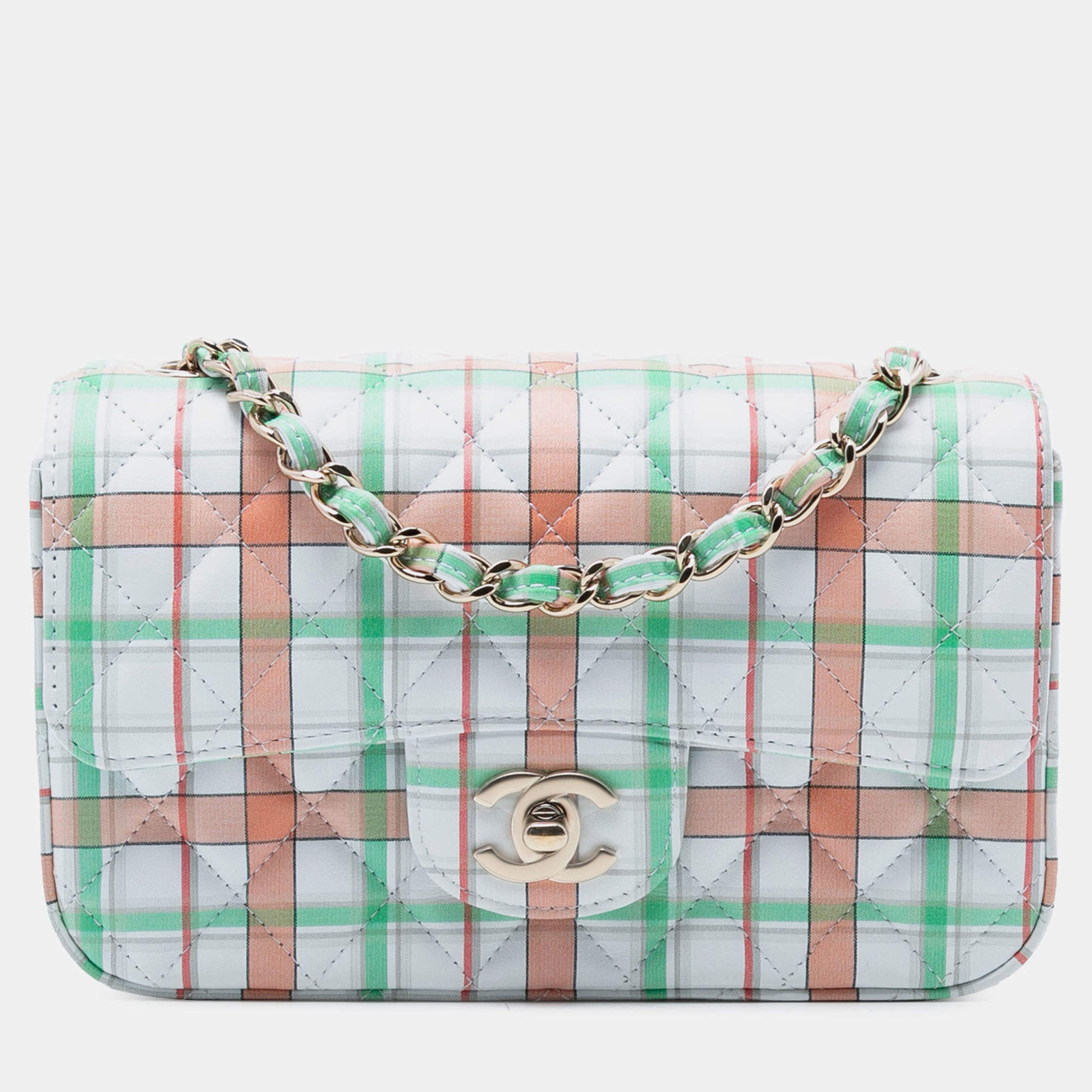 Pre Owned Chanel Green Mini Rectangular Classic Printed Calfskin Single Flap