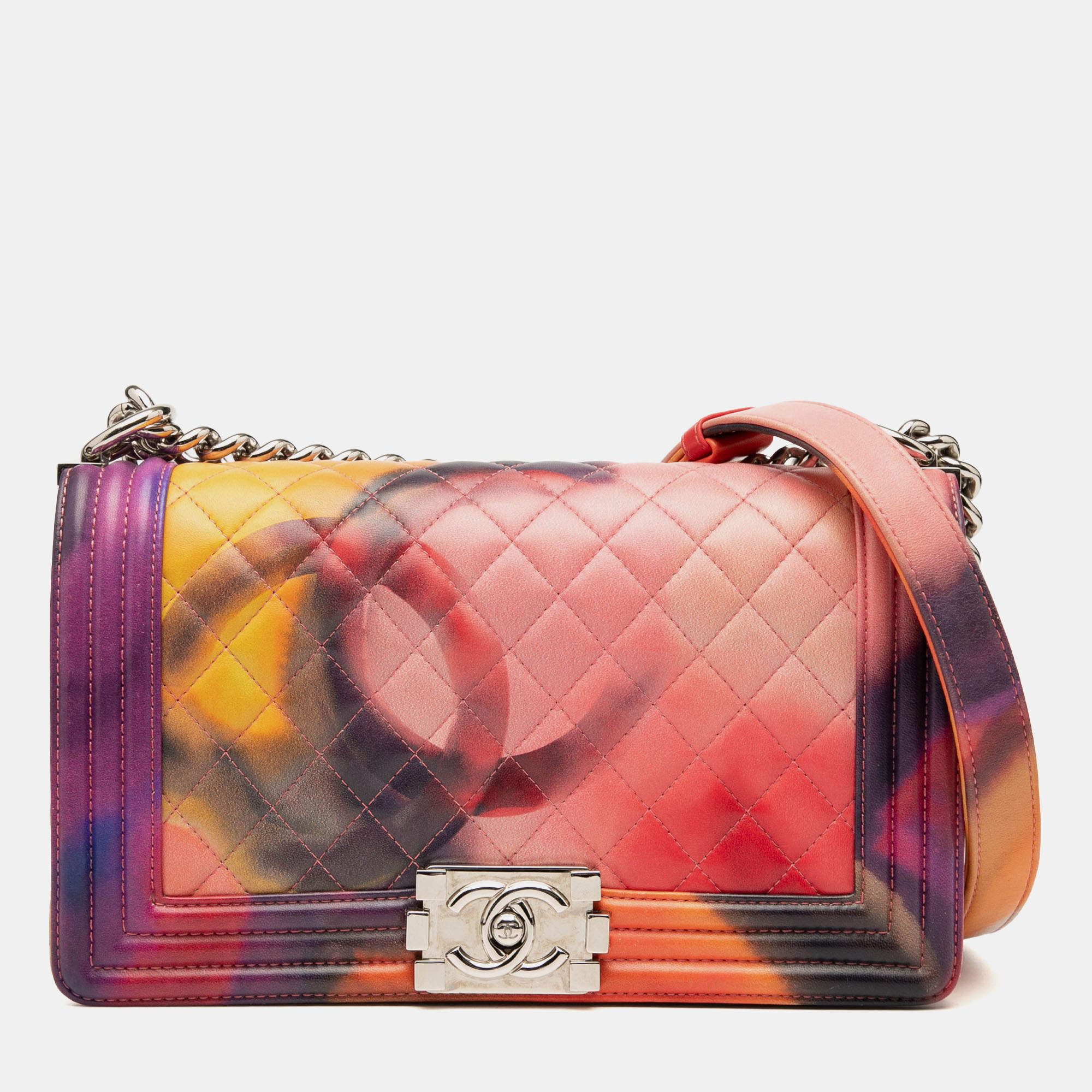 Pre Owned حقيبة شانيل فلاب بوي زهرة باور جلد حمل مطرز وردي متوسطة قديمة