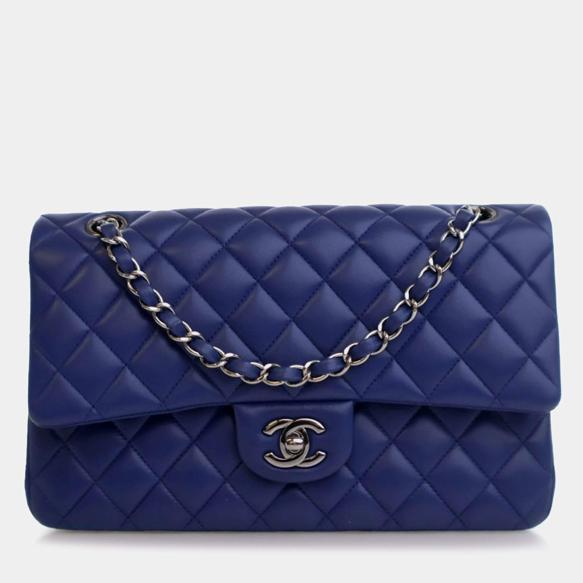 Pre Owned Chanel Blue Medium Classic Lambskin Double Flap