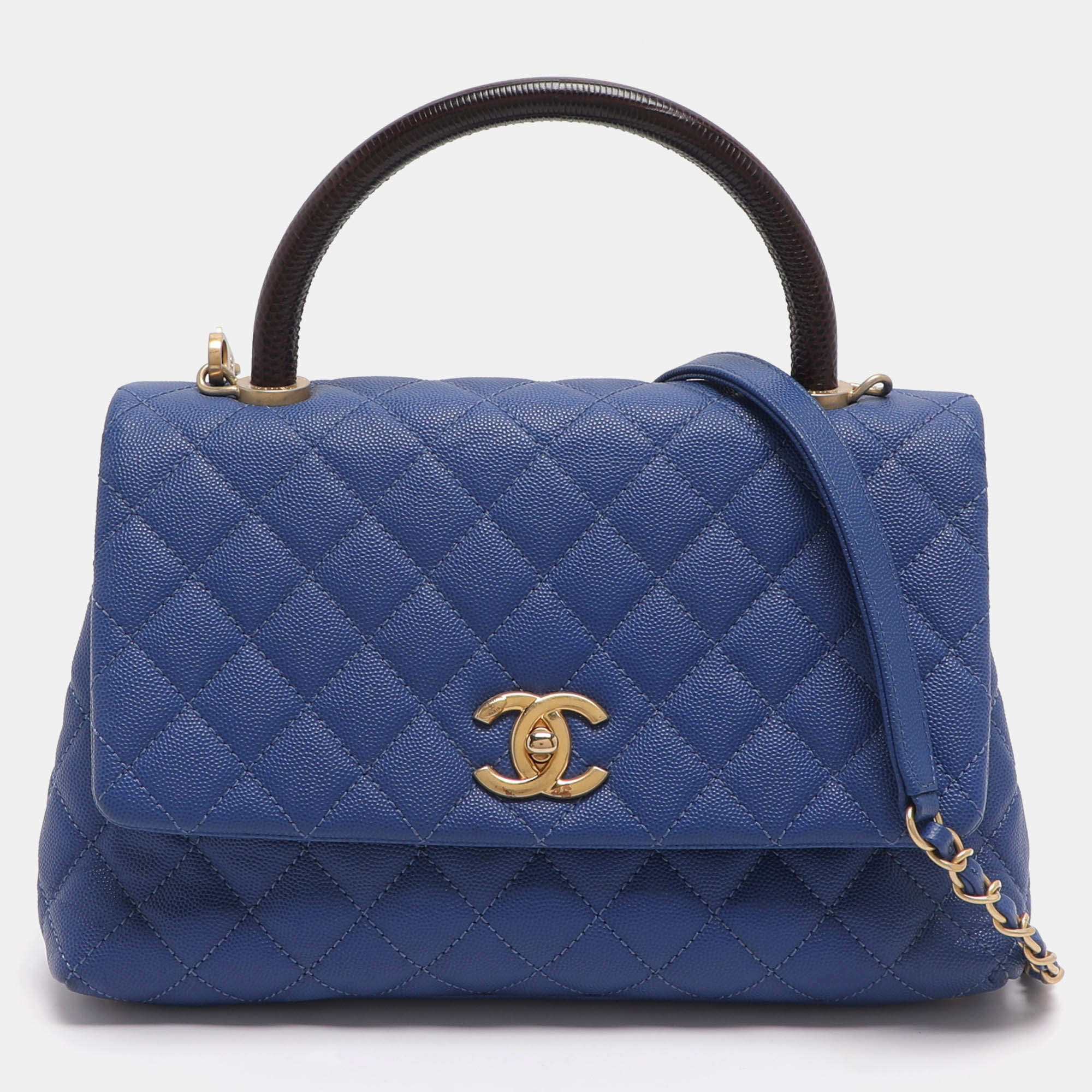 مملوكة مسبقًا Chanel Coco Blue/Burgundy Quilted Caviar Leather and Lizard Embossed Top Handle Bag