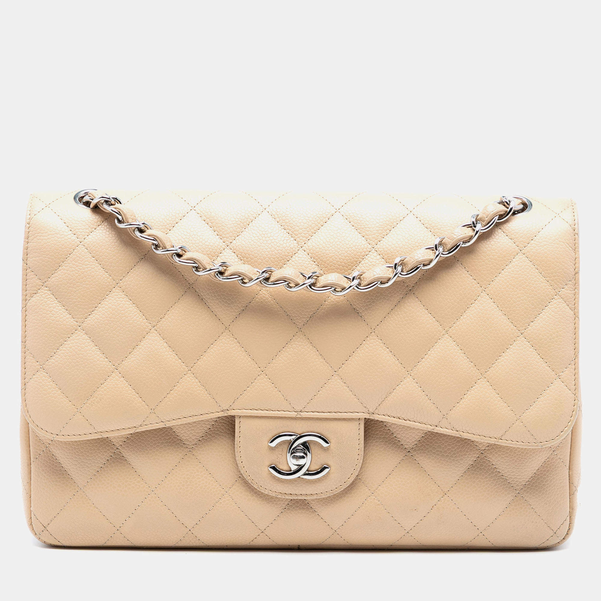 Pre Owned Chanel Beige Jumbo Classic Caviar Double Flap