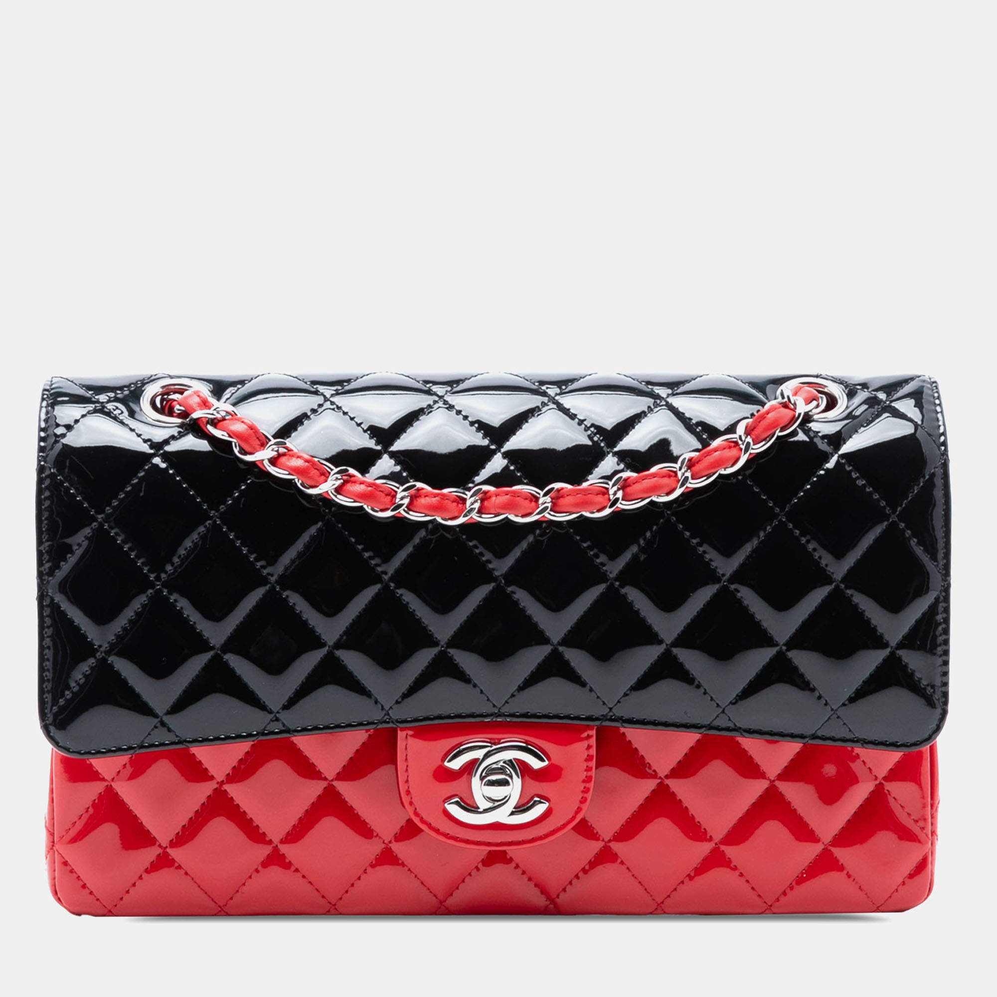 Pre Owned Chanel Black Medium Classic Bicolor Patent Double Flap