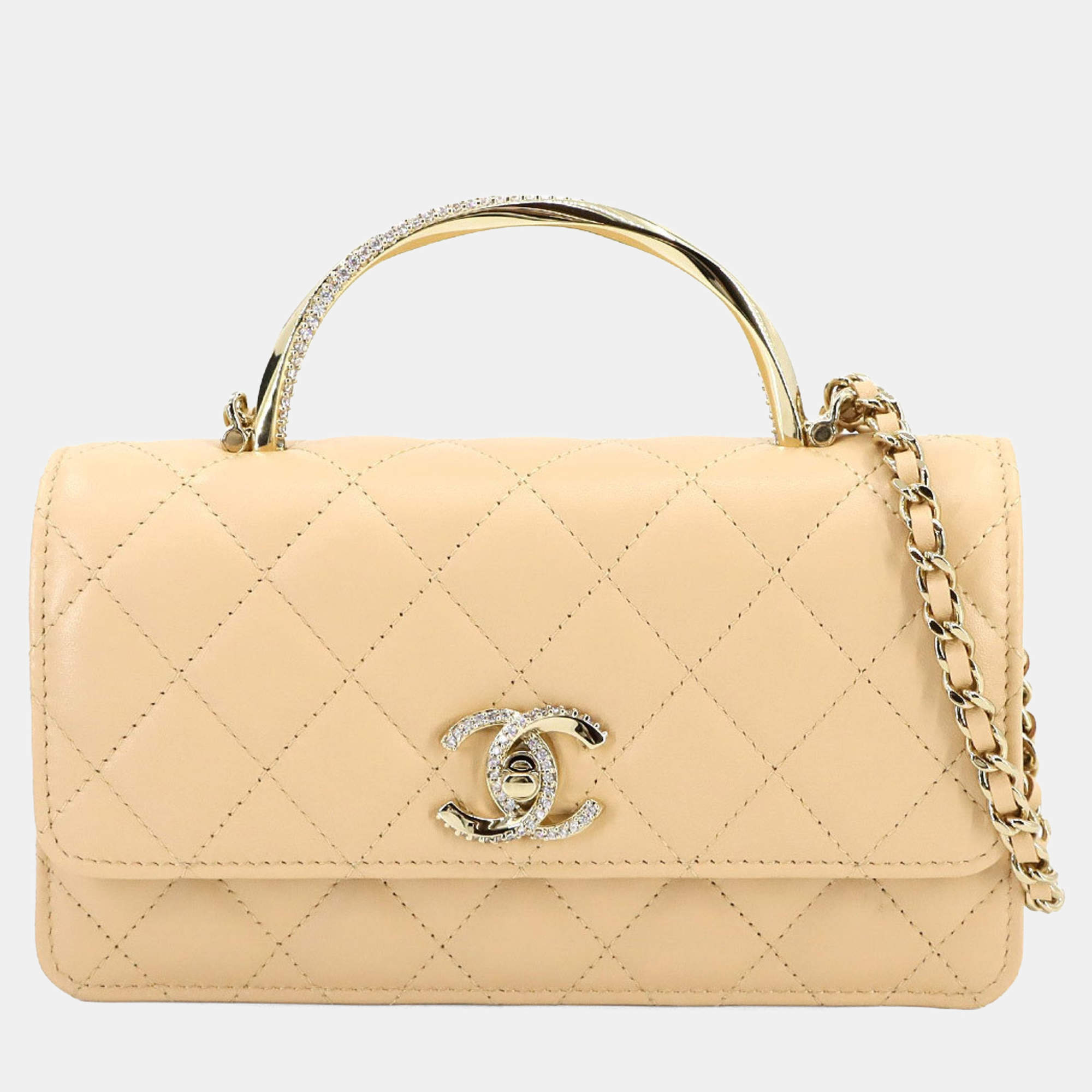 Pre Owned Chanel Matelasse 2-Way Hand Chain Wallet Beige Lambskin