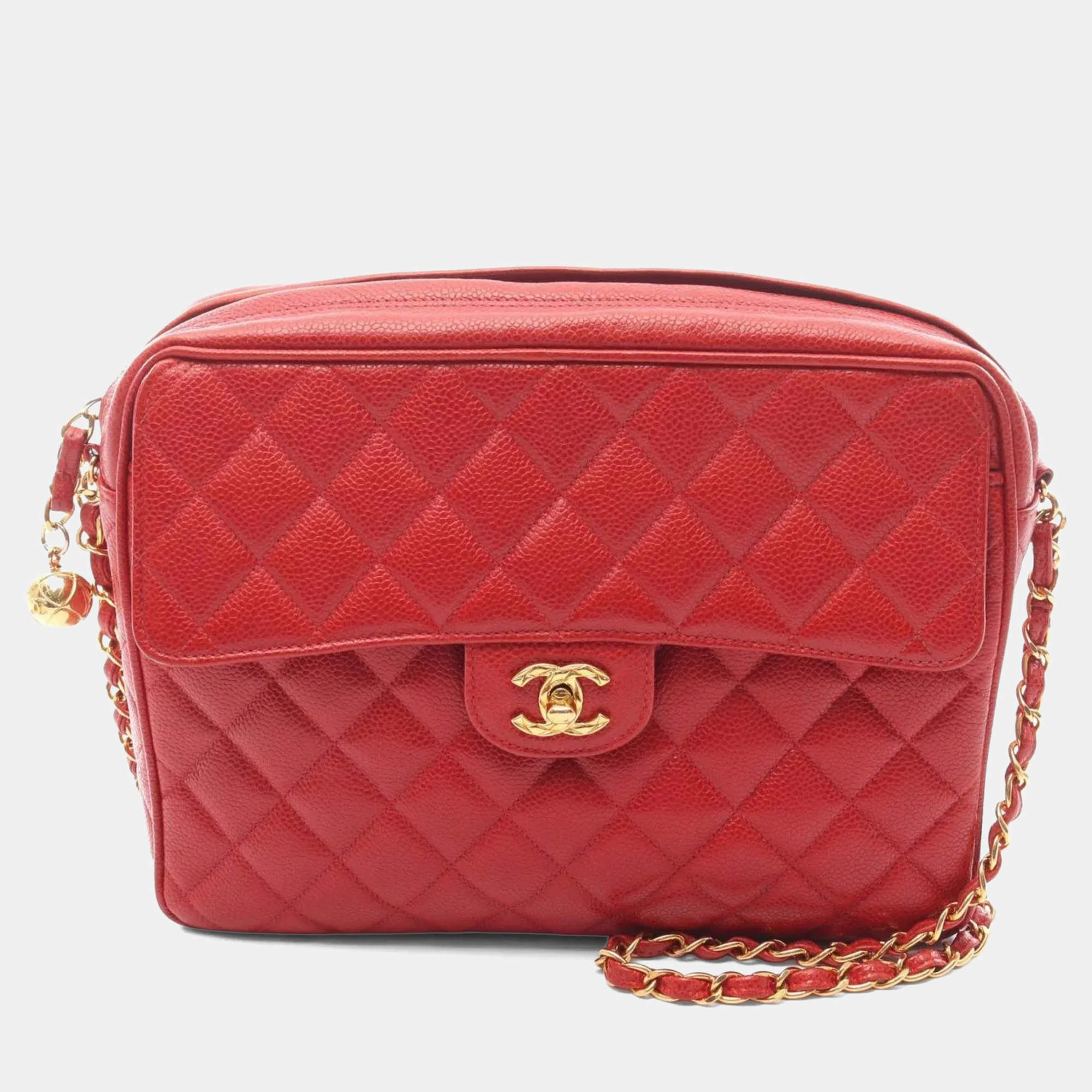 Pre Owned Chanel Matelasse Shoulder Bag In Calfskin Leather Red