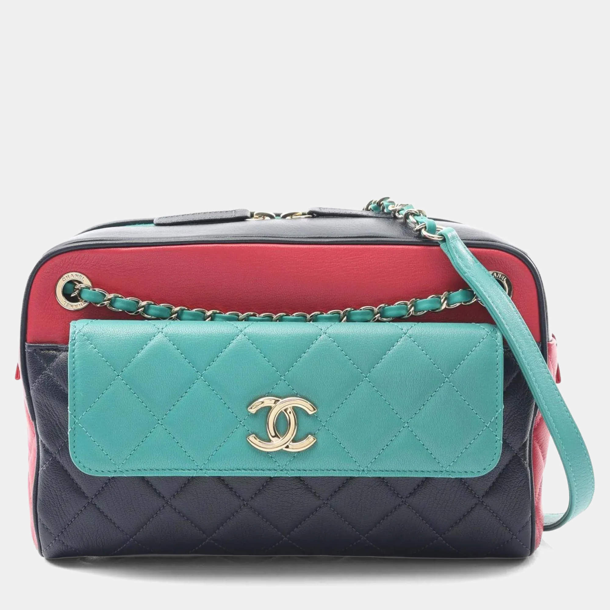 Pre Owned Chanel Matelasse Shoulder Bag Leather Navy Pink Green