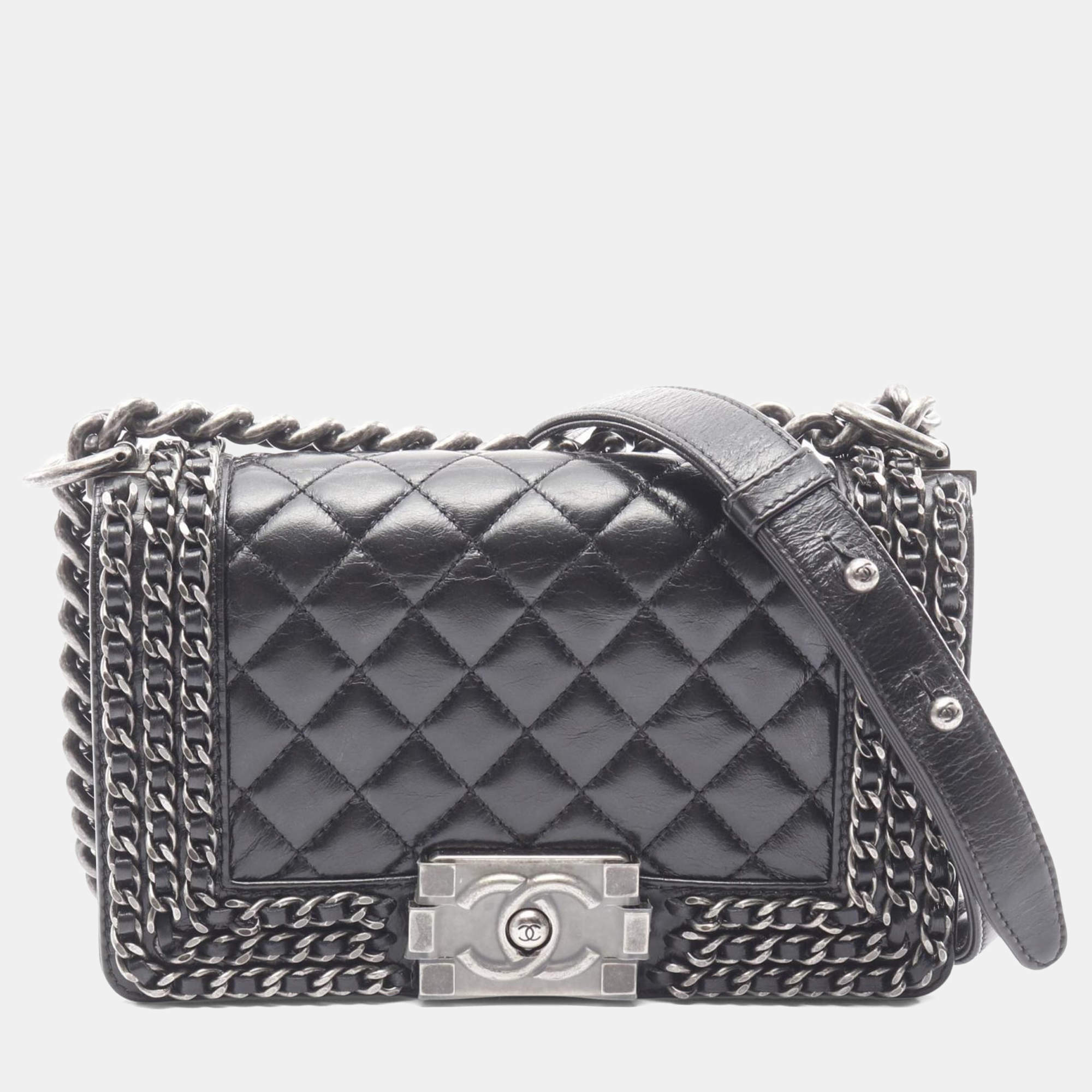 Pre Owned Chanel Boy Chanel Small Shoulder Bag Leather Lambskin Sheepskin Black