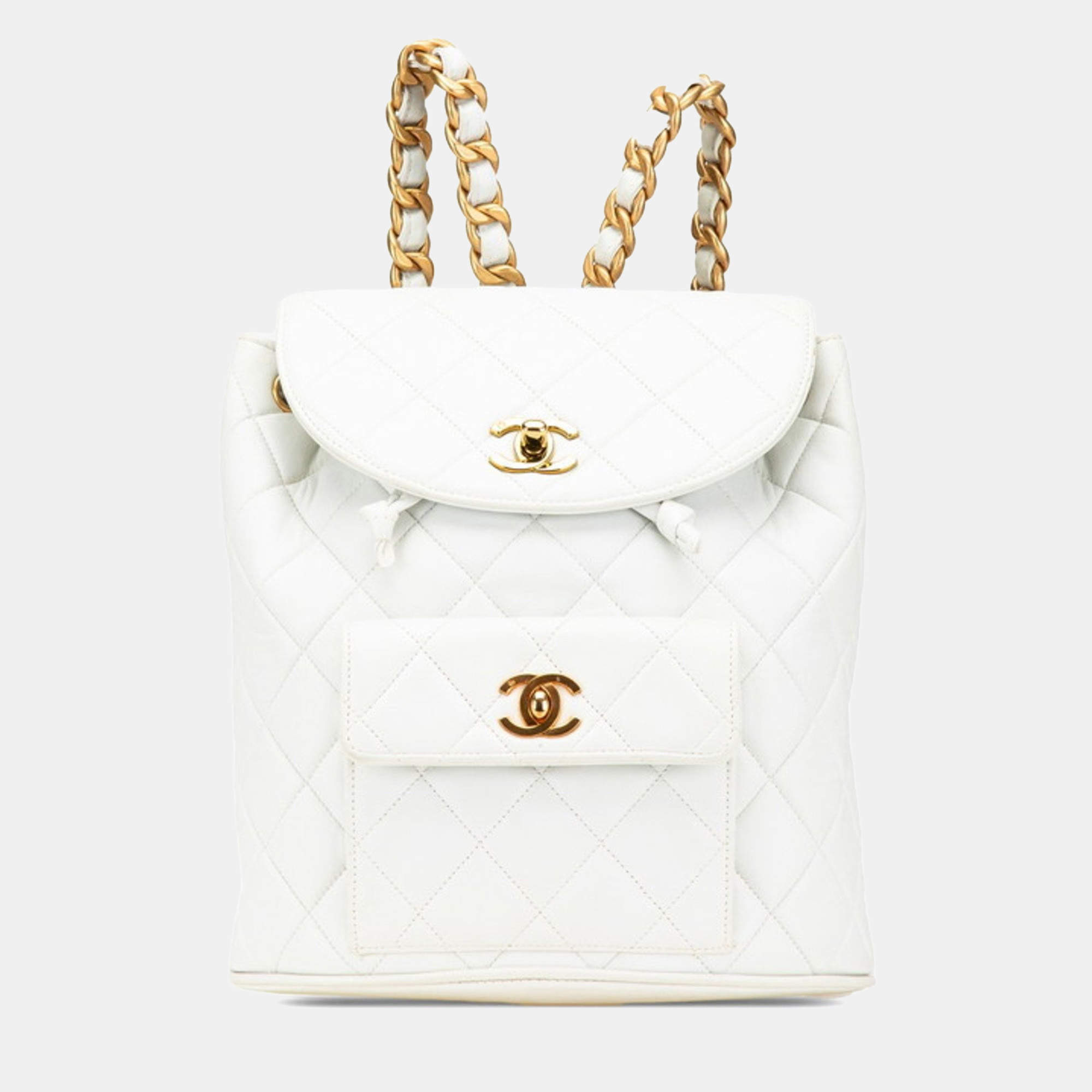 Pre Owned Chanel Matelasse Coco Mark Chain Backpack In White Lambskin