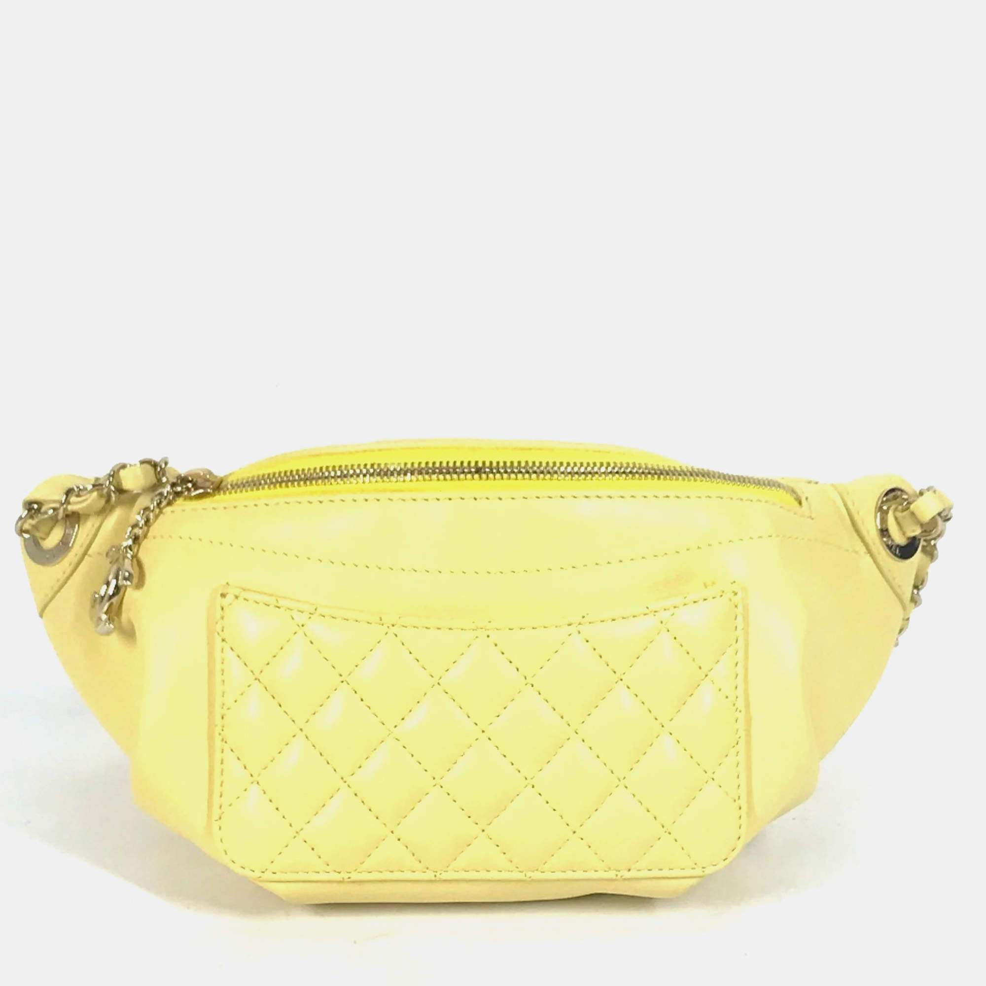 Pre Owned Chanel Chain Belt Bag/Waist Pouch With Cc Coco Mark Crossbody Quilted Matelasse Design Lambskin Yellow