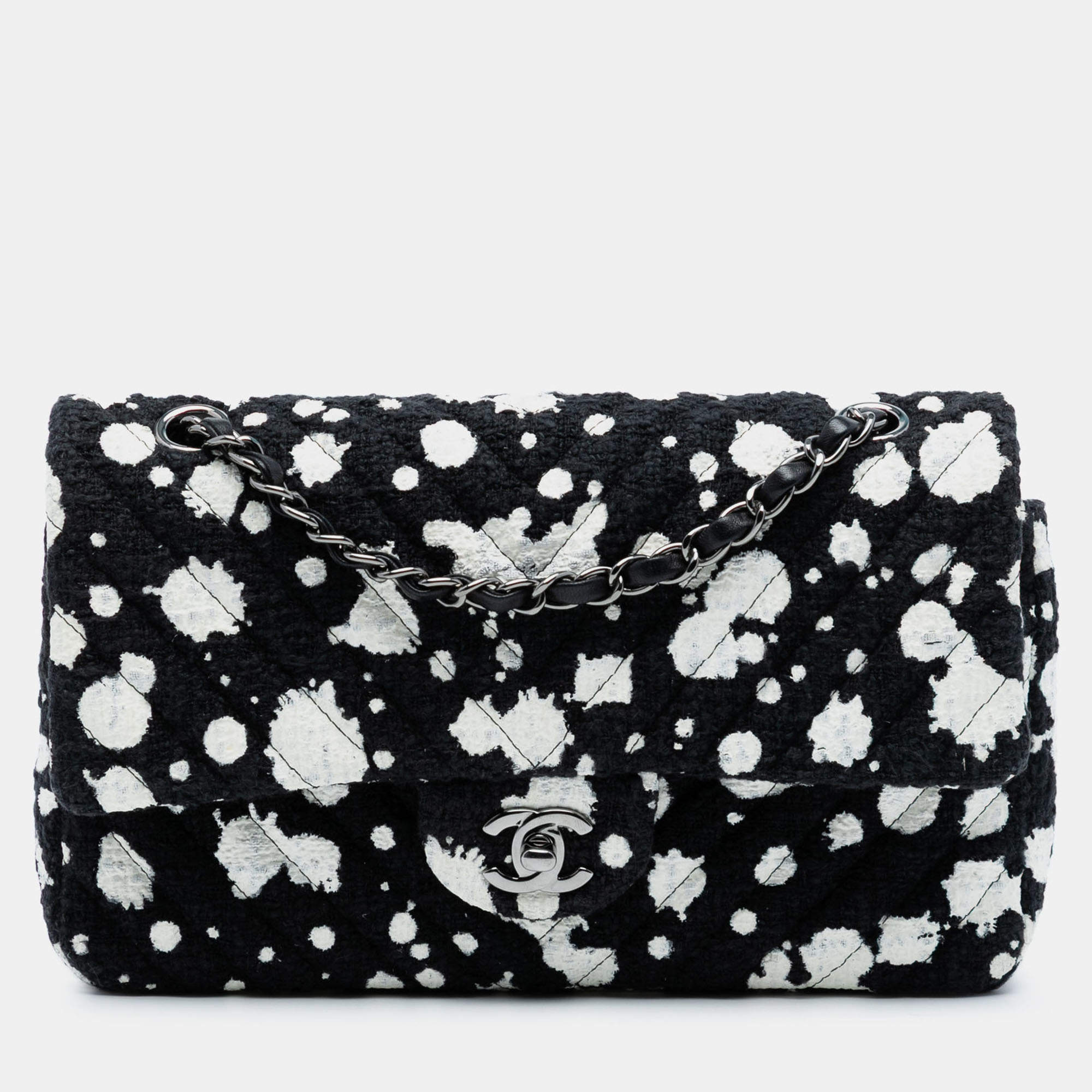 Pre Owned حقيبة شانيلا غطاء مزدوج تويد شيفرون أبيض/أسود بقع طلاء متوسطة