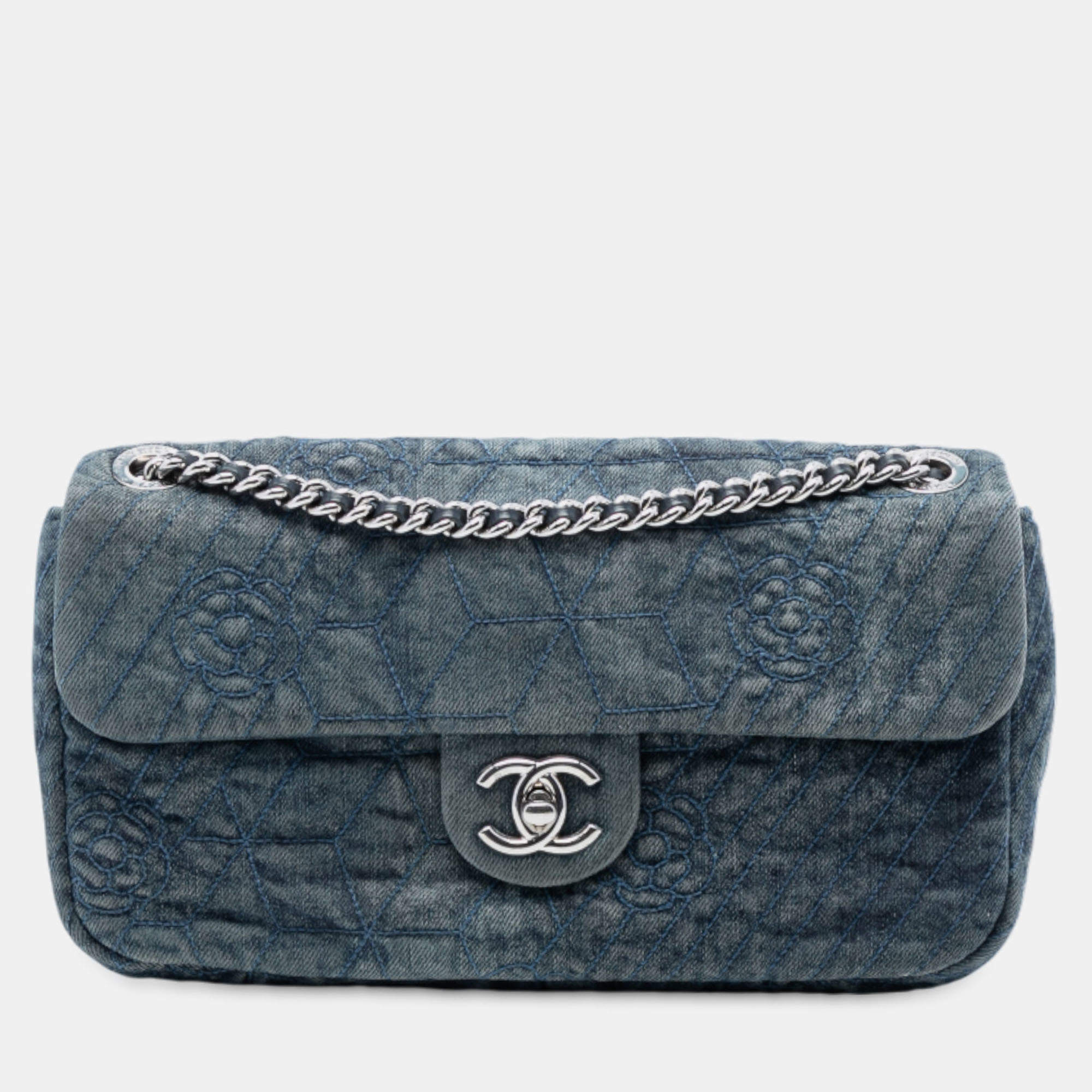 Pre Owned Chanel Blue Medium Embroidered Denim Camellia Flap