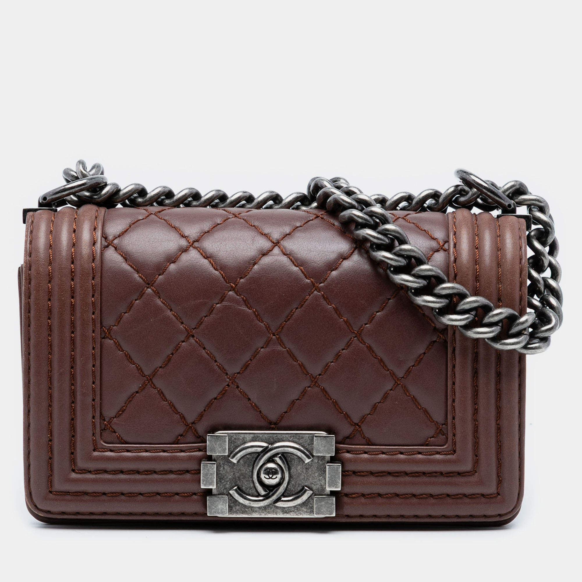 Pre Owned Chanel Brown Small Quilted Lambskin Wild Stitch Boy Flap