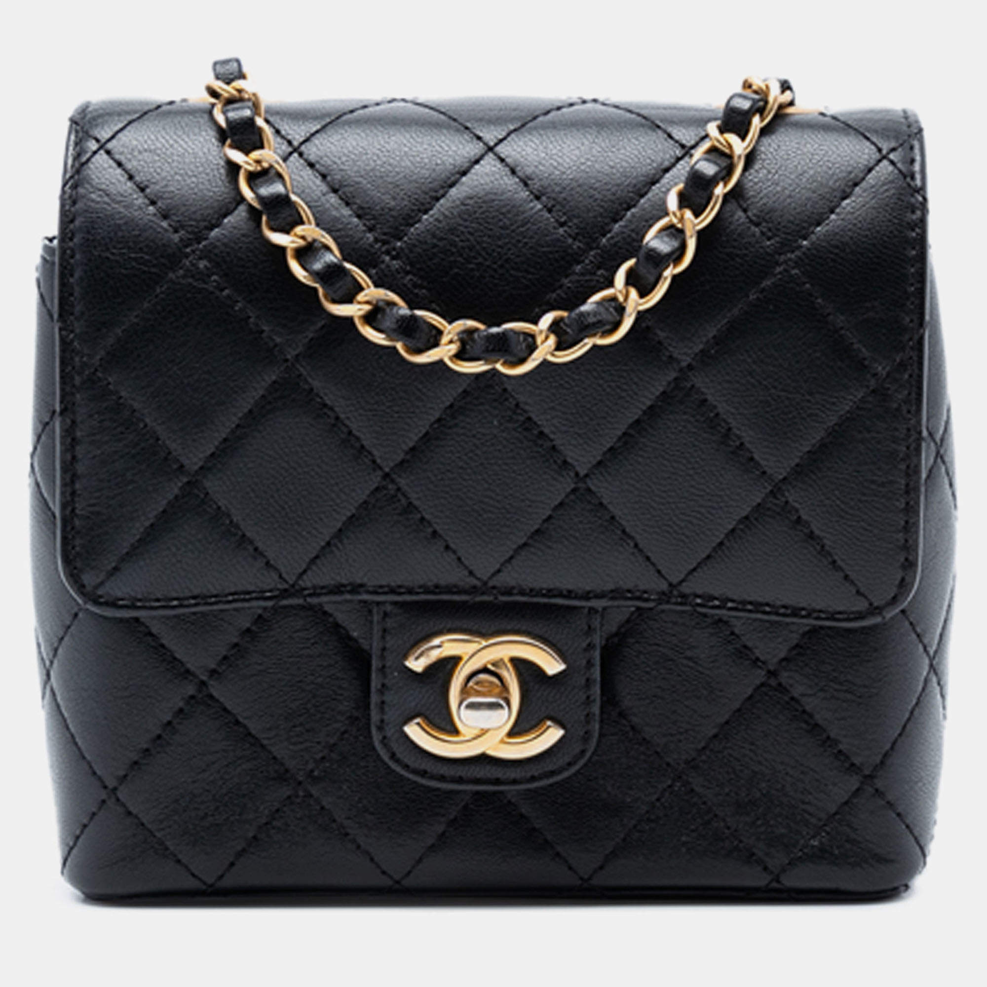 Pre Owned Chanel Black Mini Square Classic Goatskin Single Flap