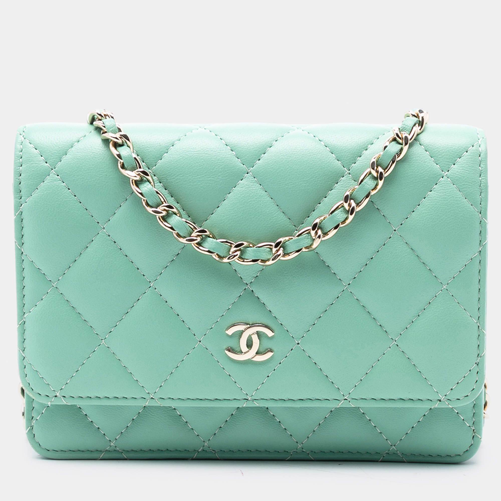 مملوكة مسبقًا محفظة على سلسلة شانيل خضراء مصغرة جلد حمل مبطن بشعار CC
