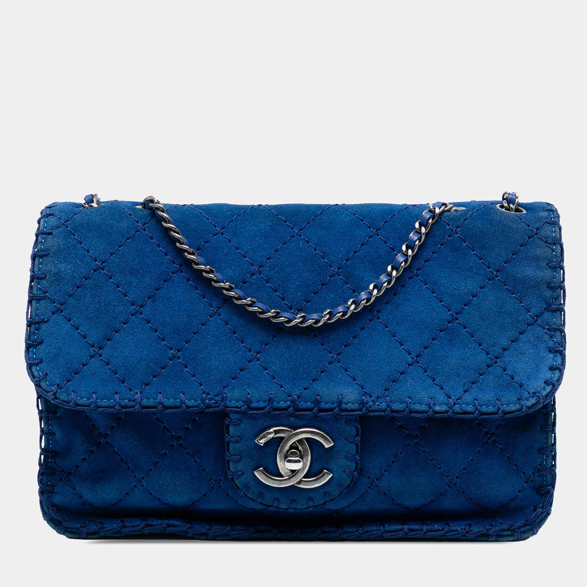 مملوكة مسبقًا Chanel Blue Medium Quilted Suede Whipstitch Single Flap