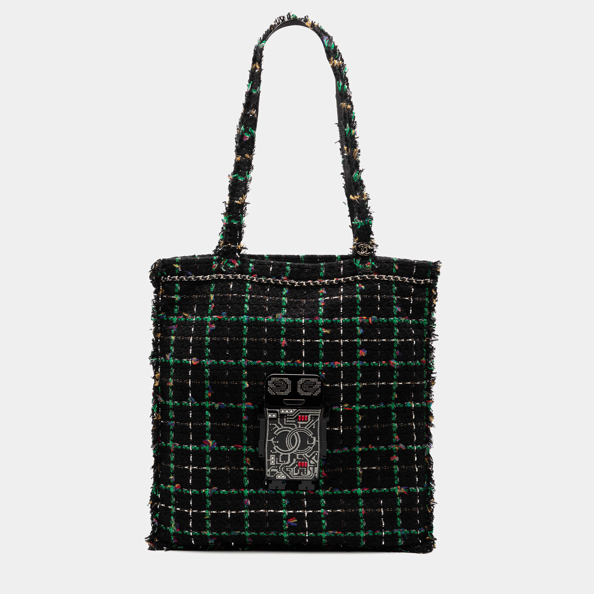 Pre Owned Chanel Black Large Tweed Resin Embellished Robot Shopping Tote