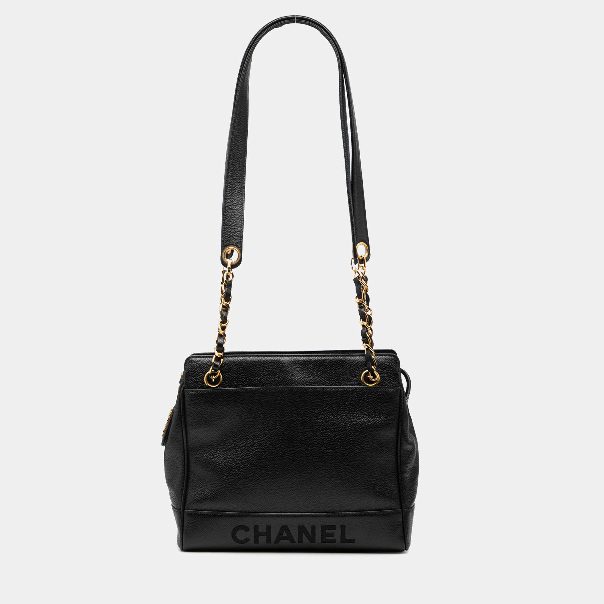 Pre Owned Chanel Black Caviar Logo Chain Shoulder Bag