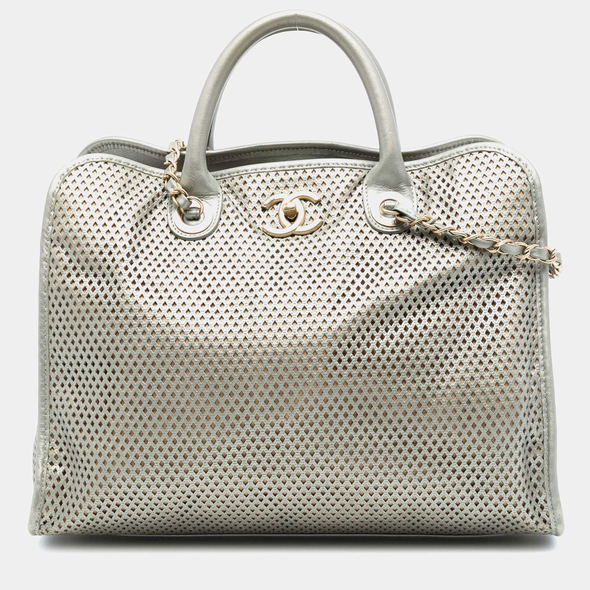 Pre Owned Chanel Gold Perforated Metallic Calfskin Up In The Air Tote