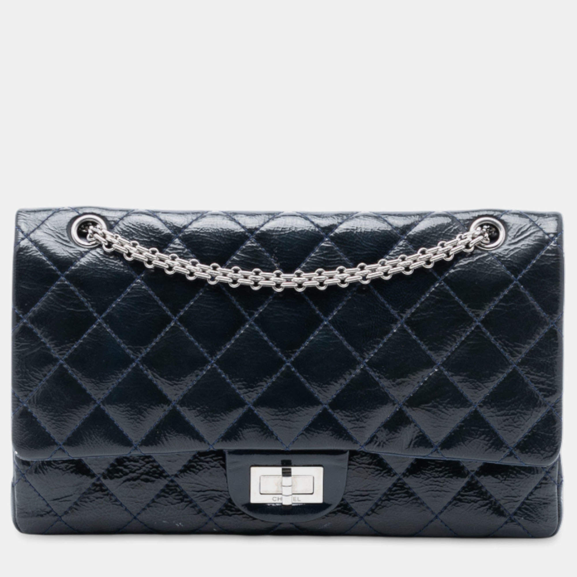 Pre Owned Chanel Blue Reissue 2.55 Crinkled Patent Double Flap 227