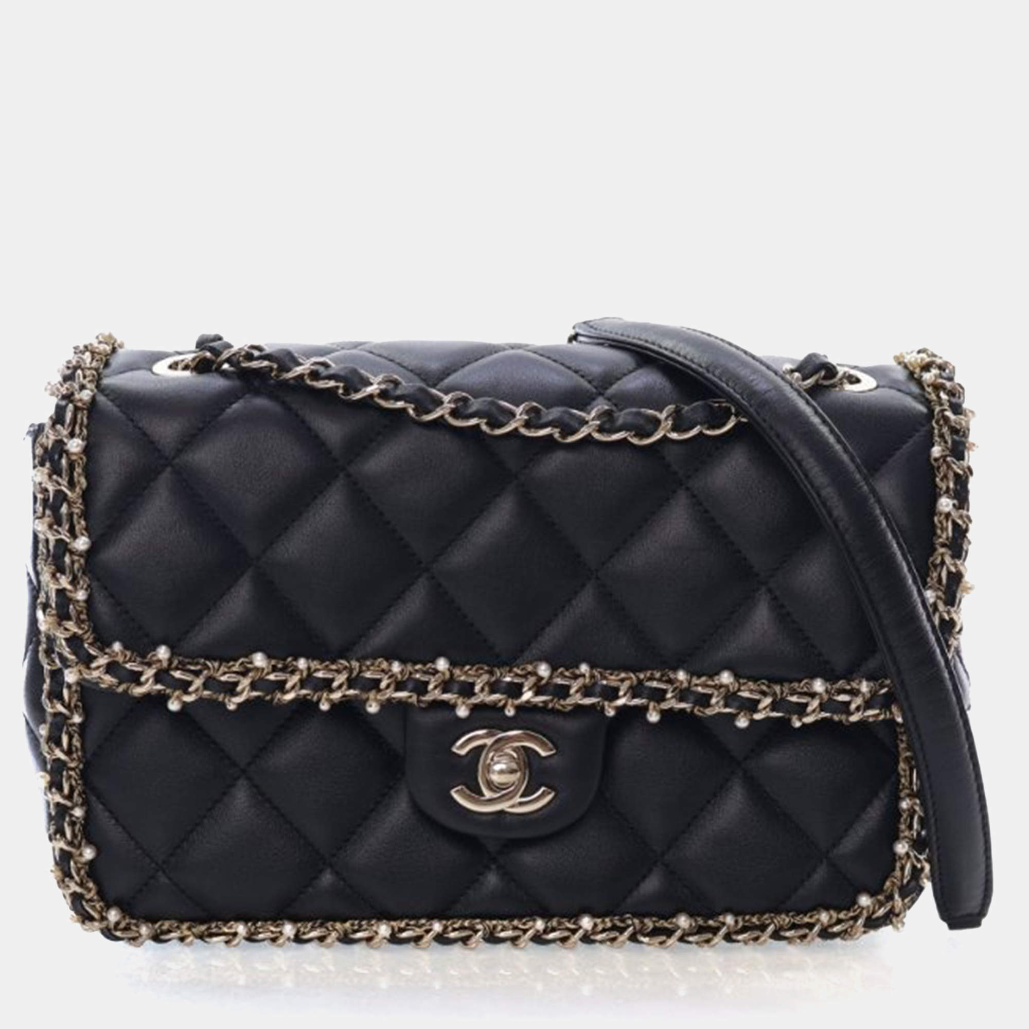 Pre Owned Chanel Medium Lambskin Pearl Chain Around Flap Bag