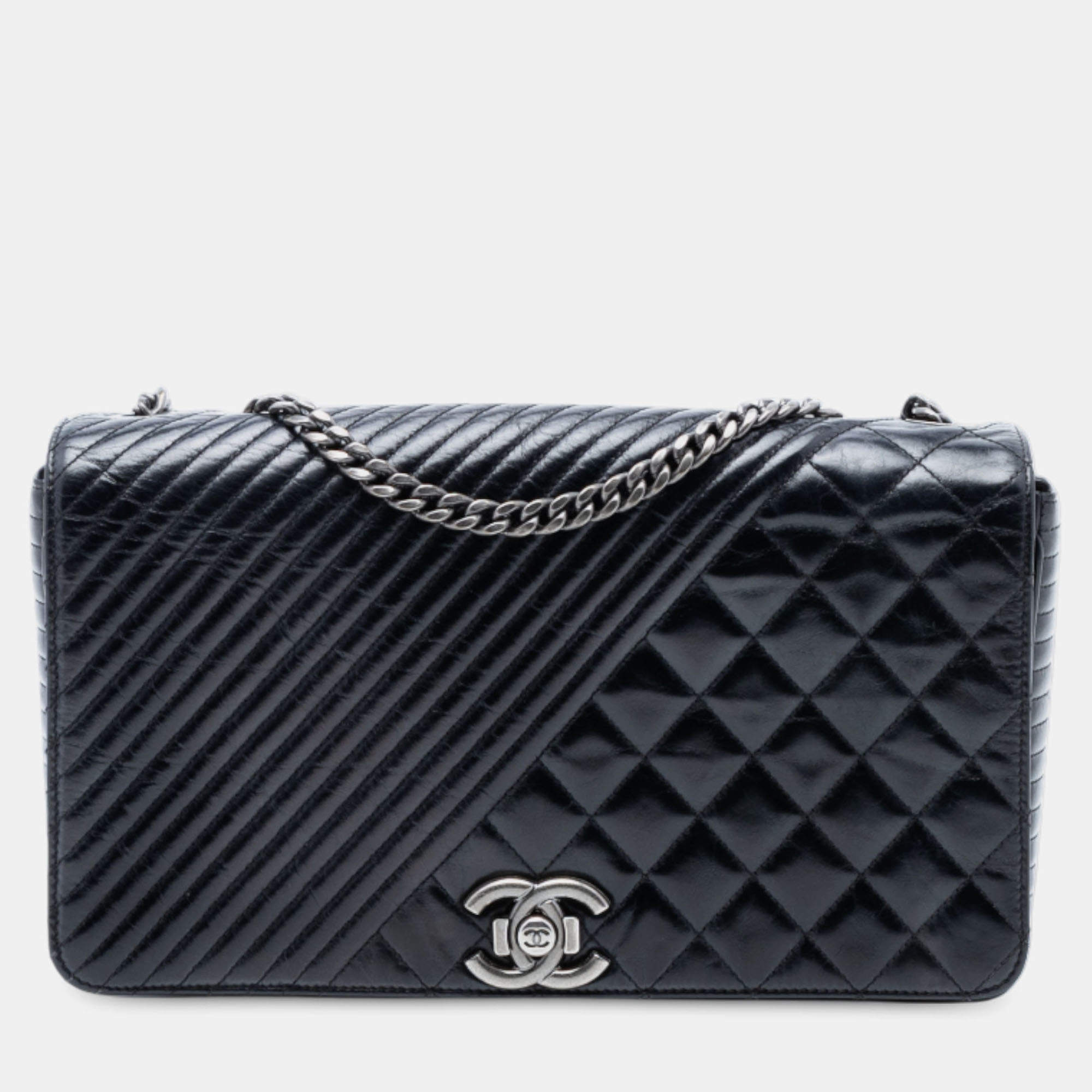 Pre Owned Chanel Black Large Glazed Calfskin Coco Boy Flap