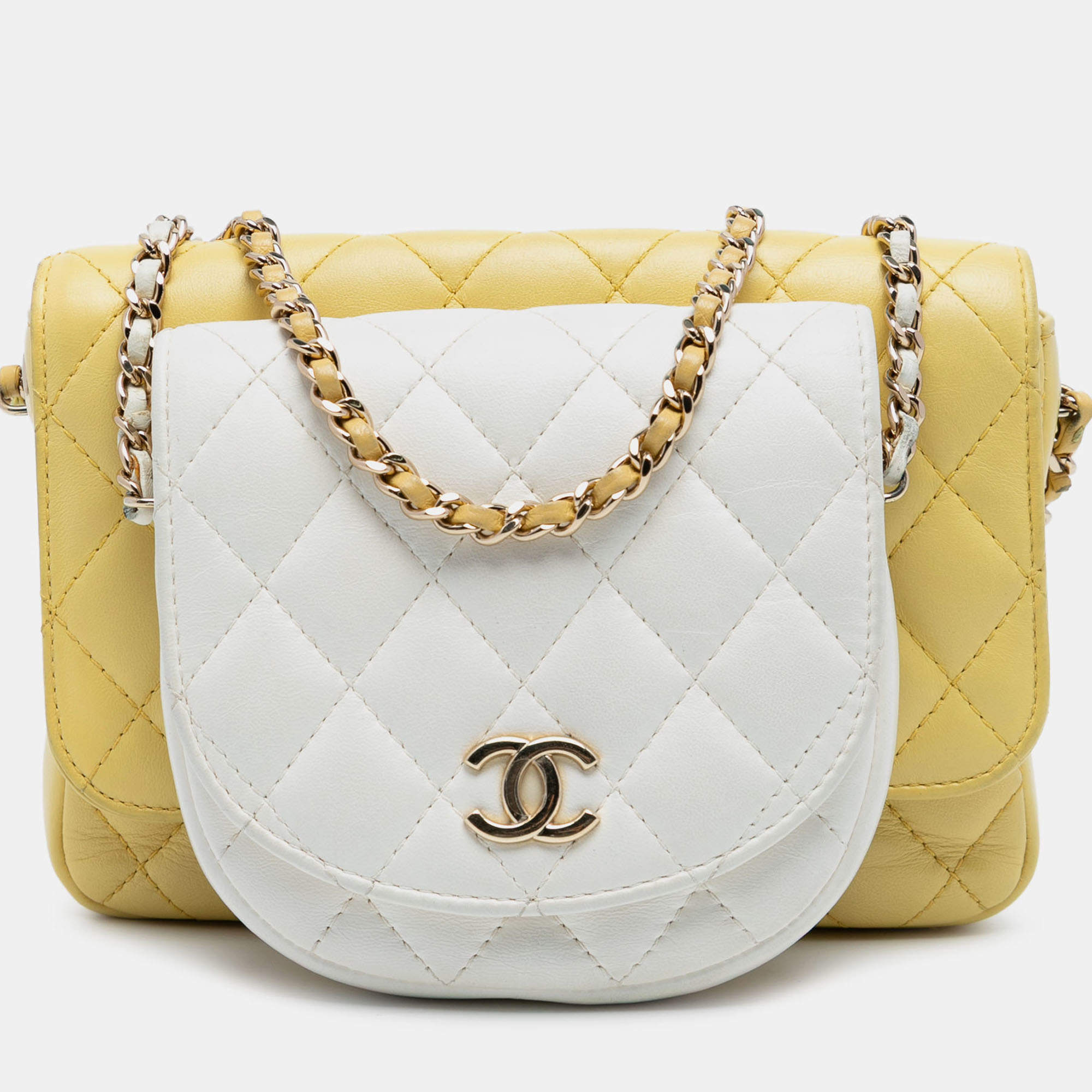 Pre Owned Chanel White Yellow CC Quilted Lambskin Side Packs Flap